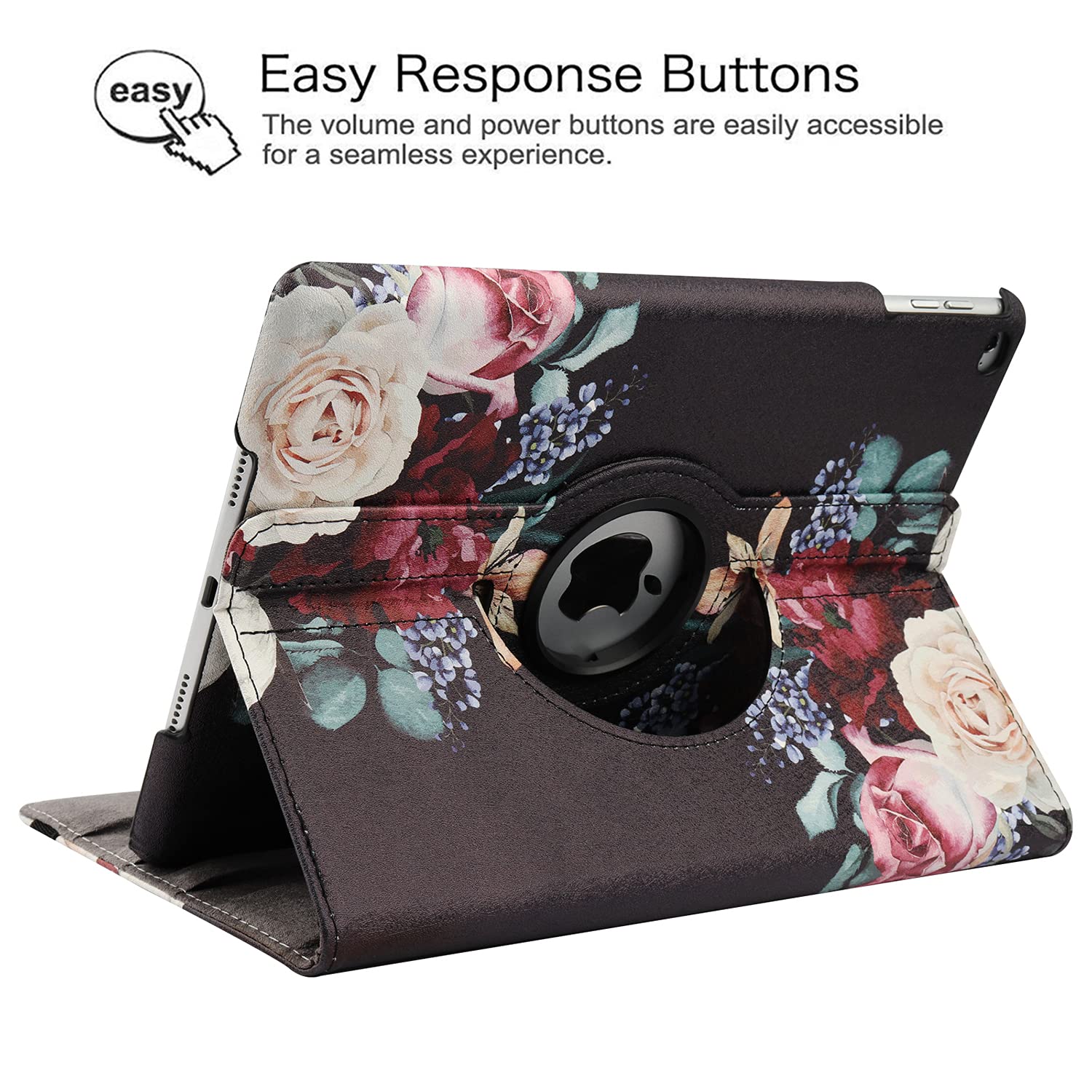 360° Rotating iPad Case for iPad 9.7 5th/6th Gen (2017/2018), iPad Air 2 & Air 1 - Multi-Angle Viewing Folio Stand with Auto Sleep/Wake Feature (Peony Flower Design) - Perfect for Work, Study & Entertainment