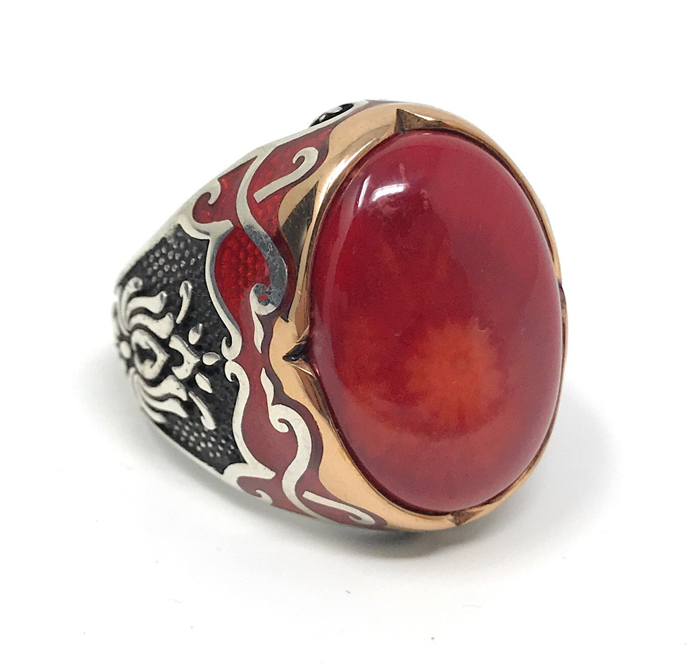 925K Sterling Silver Red Coral Men's Ring with Enamel Design - Handcrafted Jewelry for Gifts, Anniversary & Special Occasions | Durable & Hypoallergenic Wedding Band for Him