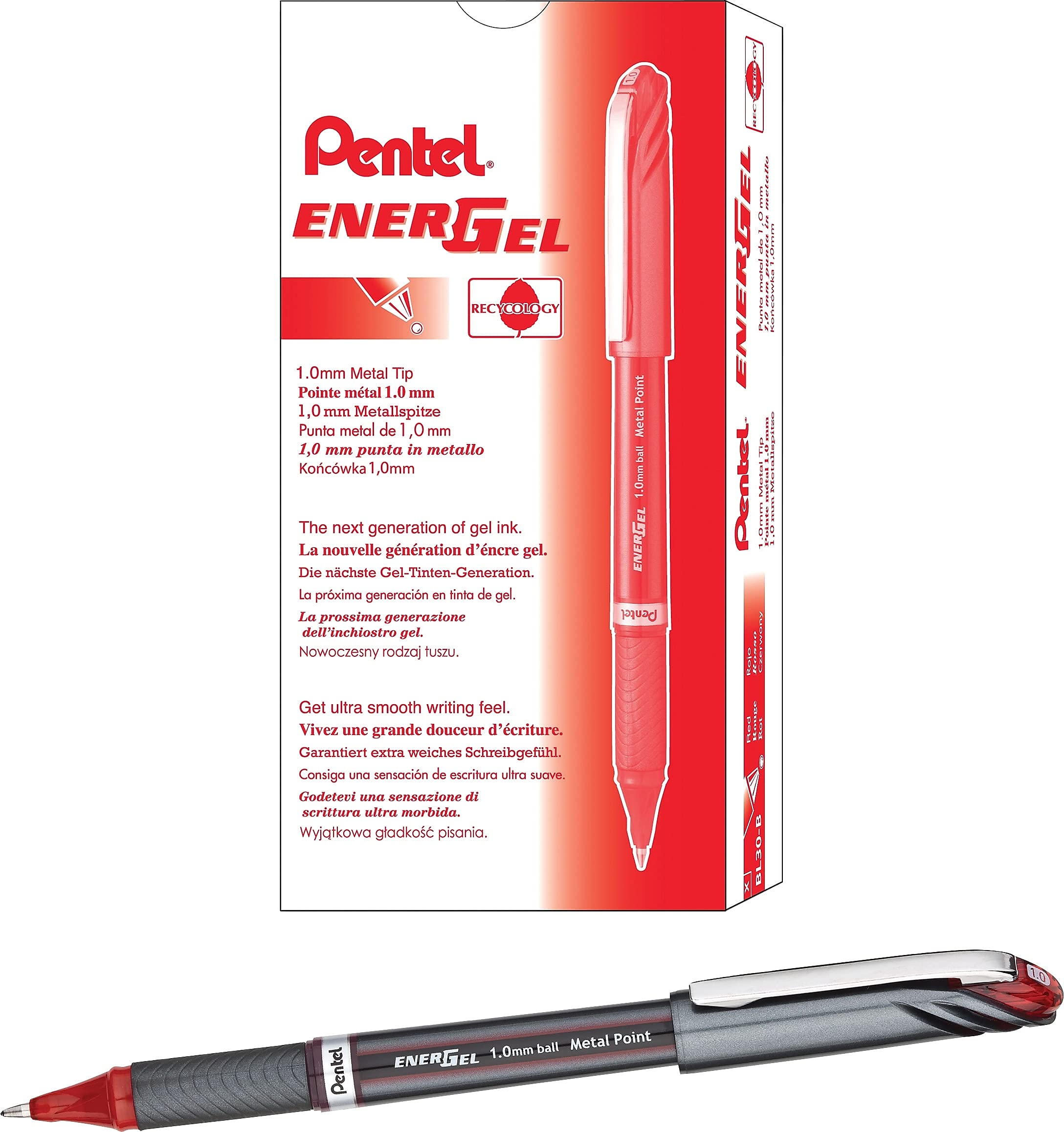 Pentel BL30B EnerGel NV Liquid Gel Pen - 1mm Fine Point, Red Barrel & Ink (12-Pack) - Smooth Writing for Office, School & Note Taking