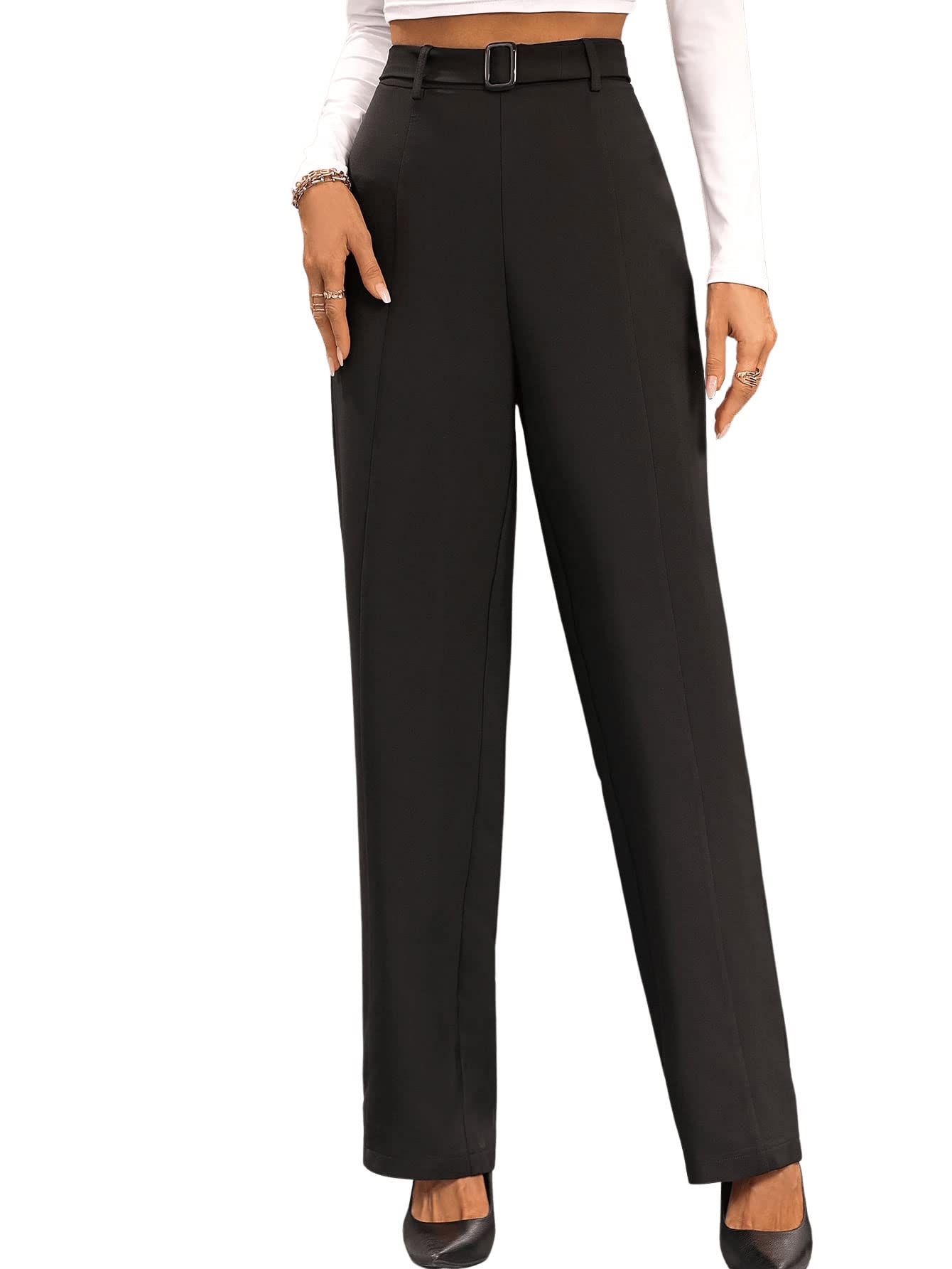 SweatyRocks Women's High Waist Belted Trousers - Elegant Straight Leg Office Pants for Business Casual & Professional Workwear | Perfect for Office, Meetings & Formal Events