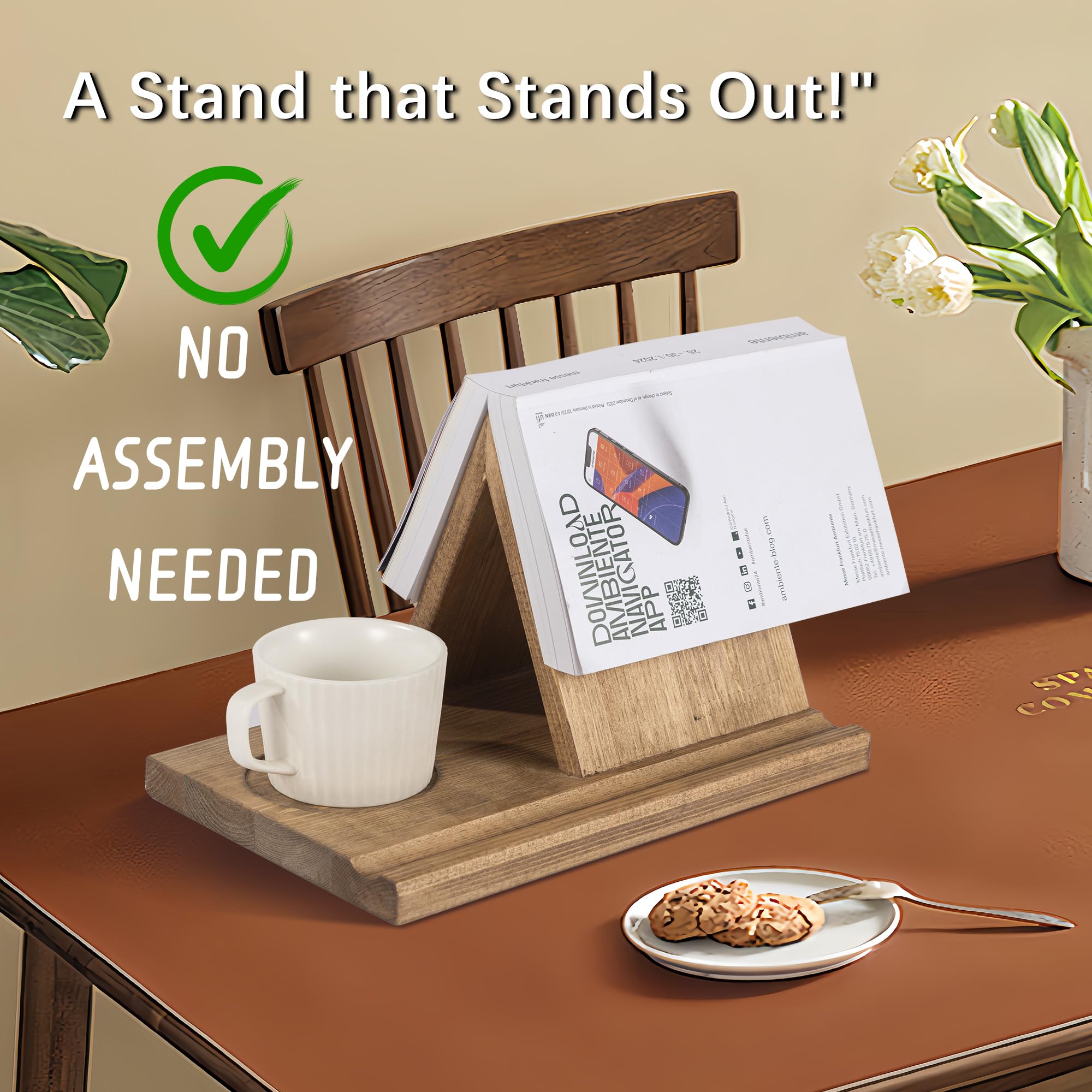 Besuerte Wooden Book Rest Stand with Coffee Cup Tray - No Assembly Needed Book Holder for Reading in Bed, Office & Living Room - Perfect Gift for Book Lovers (Light Brown)