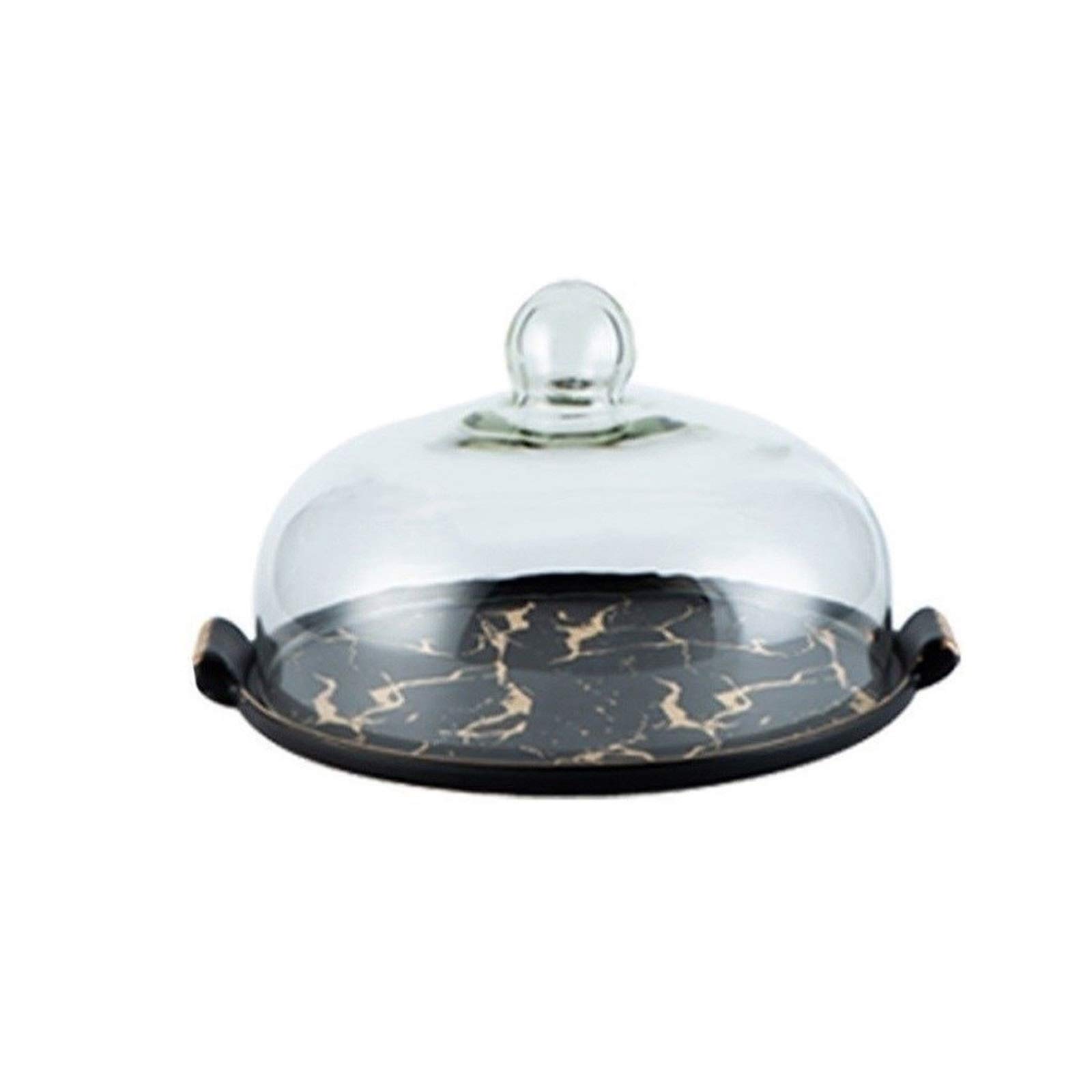 Elegant Black Marble Textured Porcelain Cake Stand - 10 Inch Retro Dessert Platter for Party, Wedding & Afternoon Tea Display - Perfect for Cakes, Cupcakes, Fruit & Snacks with Glass Dome Cover