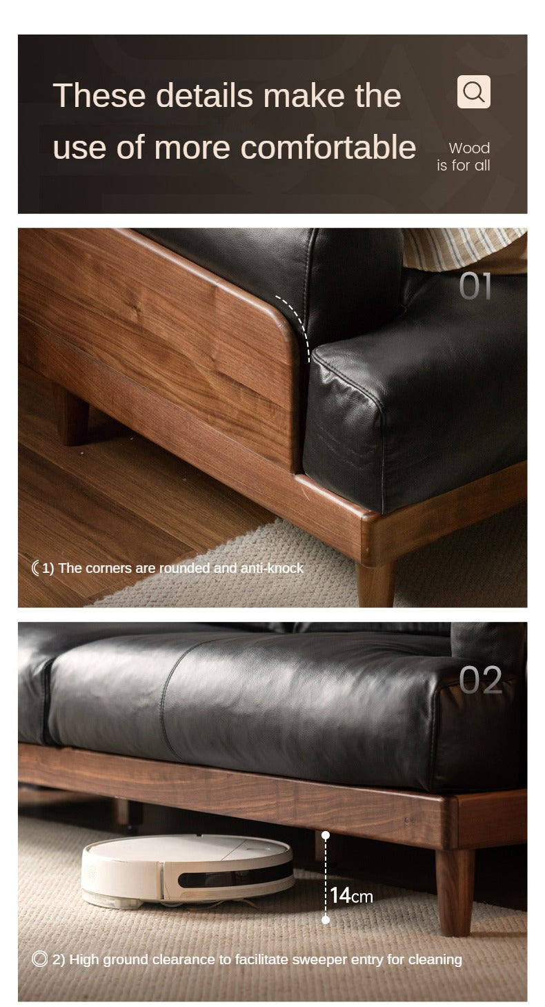 Premium Black Walnut Solid Wood Sofa - Genuine Leather & Fabric Upholstery, Modern Living Room Furniture for Home & Office Comfort