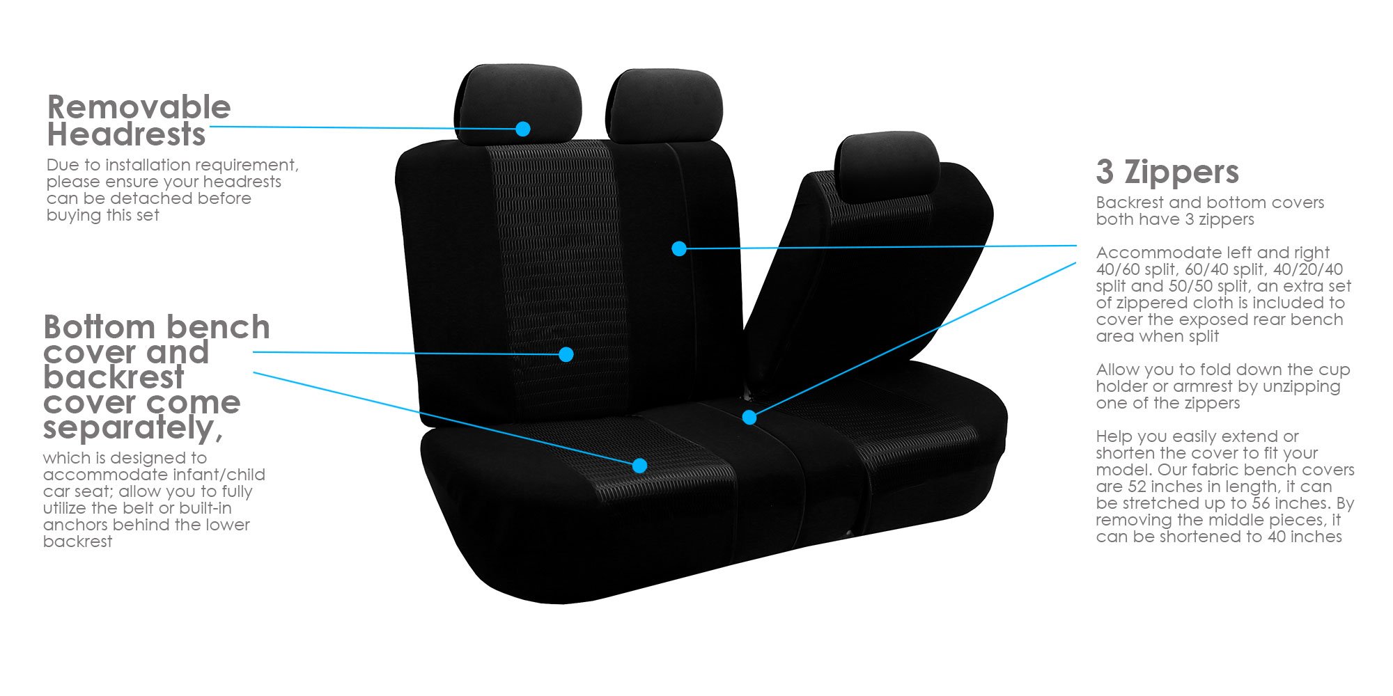 TLH Automotive Seat Covers - Trendy Elegance Rear Only Black Universal Fit Split Bench Car Seat Protector for Cars, Trucks & SUVs | Durable Interior Accessories for Comfort & Style