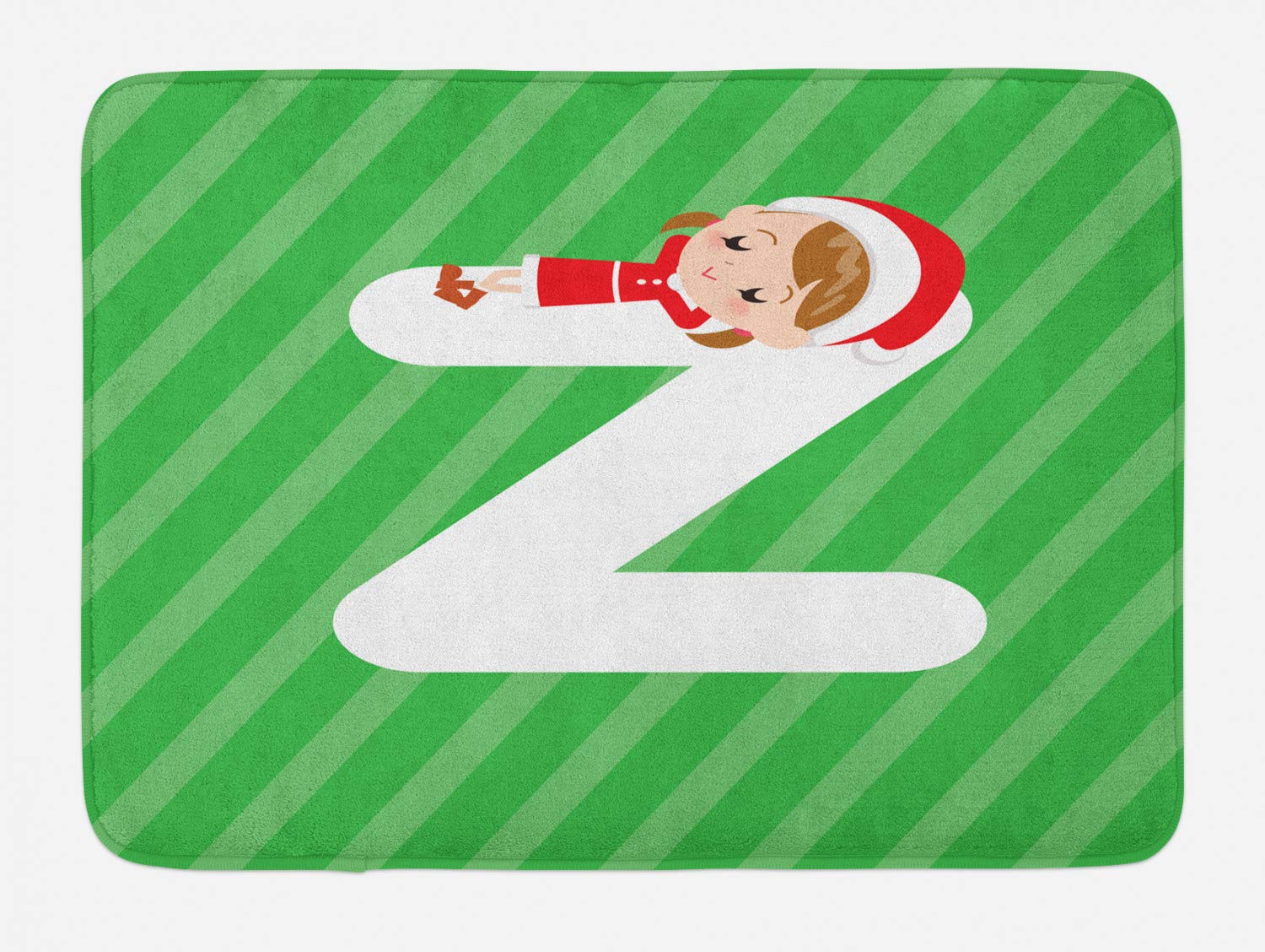 Ambesonne Christmas Alphabet Bath Mat - Non-Slip Plush Bathroom Rug with Girl on Letter Z Print, 30.2 x 20 Inches, Green Dark Coral & White - Perfect for Holiday Decor, Gift Giving & Cozy Bathroom Comfort