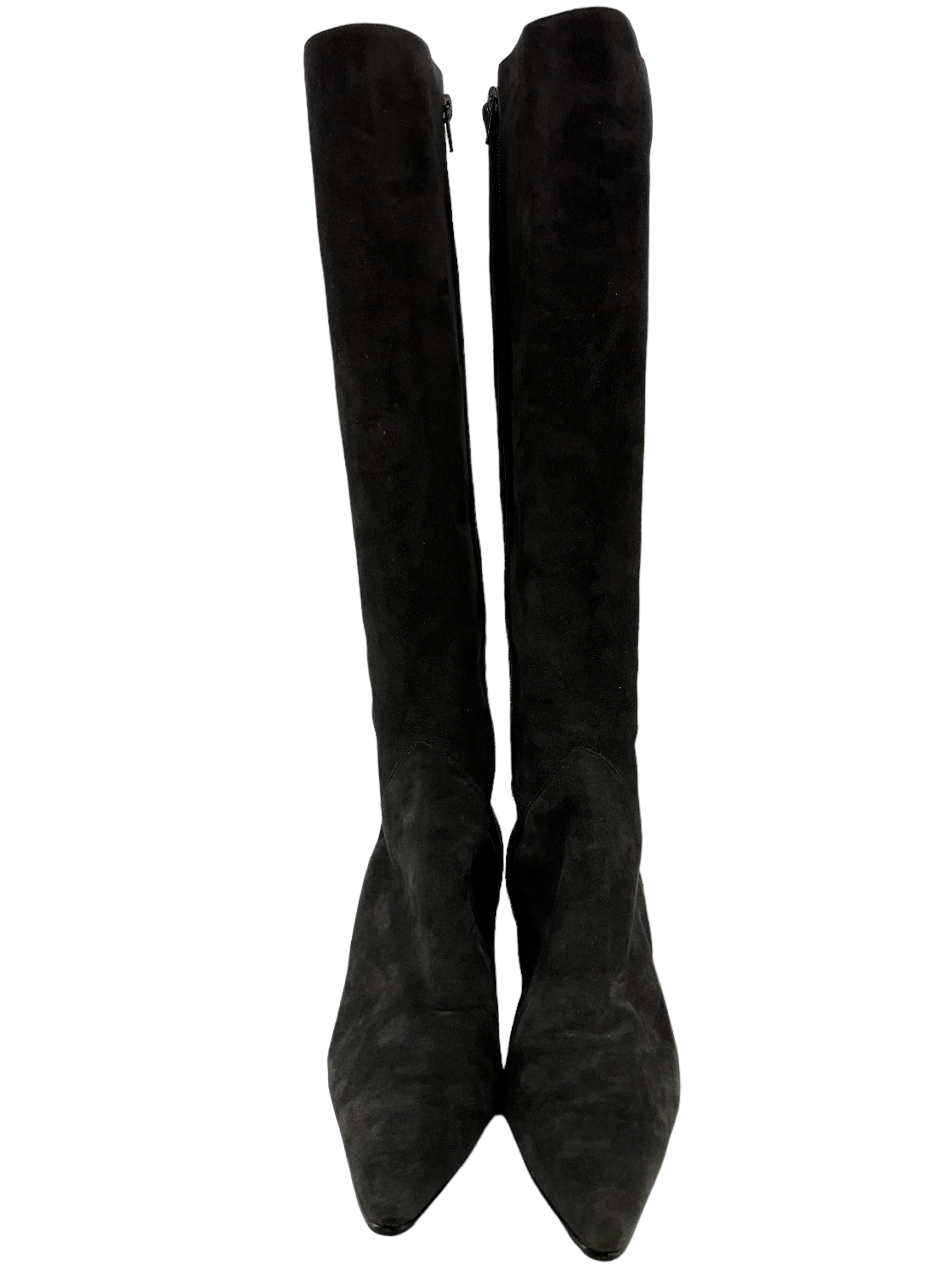 Manolo Blahnik Gray Suede Knee High Pointed Boots for Women Size 11 | Elegant Stiletto Heel Dress Boots for Office, Party & Evening Wear