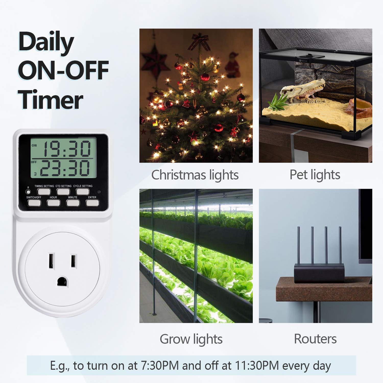 Techbee Digital Programmable Outlet Timer Plug - 24 Hour Countdown, 15A/120V Indoor Electrical Timer Switch with ON/OFF Delay & Repeat Cycle - Perfect for Holiday Lights, Aquariums, and Home Appliances
