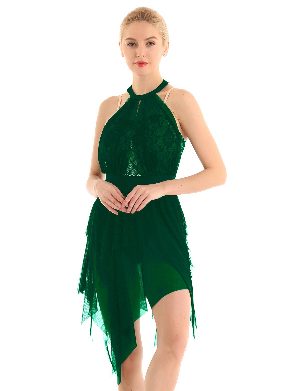 Elegant Women's Lyrical Dance Asymmetric Dress - Halter Neck Mesh Sheer Figure Skating Costume with Flowy Skirt | Perfect for Ballet, Ice Skating & Stage Performances