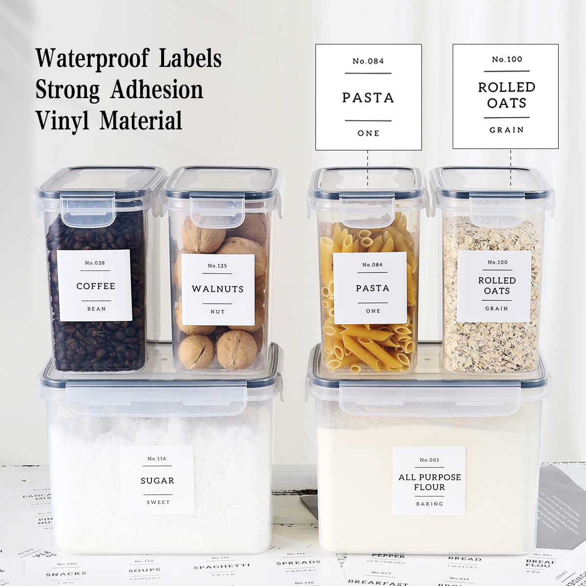 6-Piece Airtight Flour and Sugar Storage Containers Set with 132 Preprinted Pantry Labels - Stackable Plastic Food Canisters with Lids for Kitchen Organization | Perfect for Baking, Meal Prep & Pantry Storage