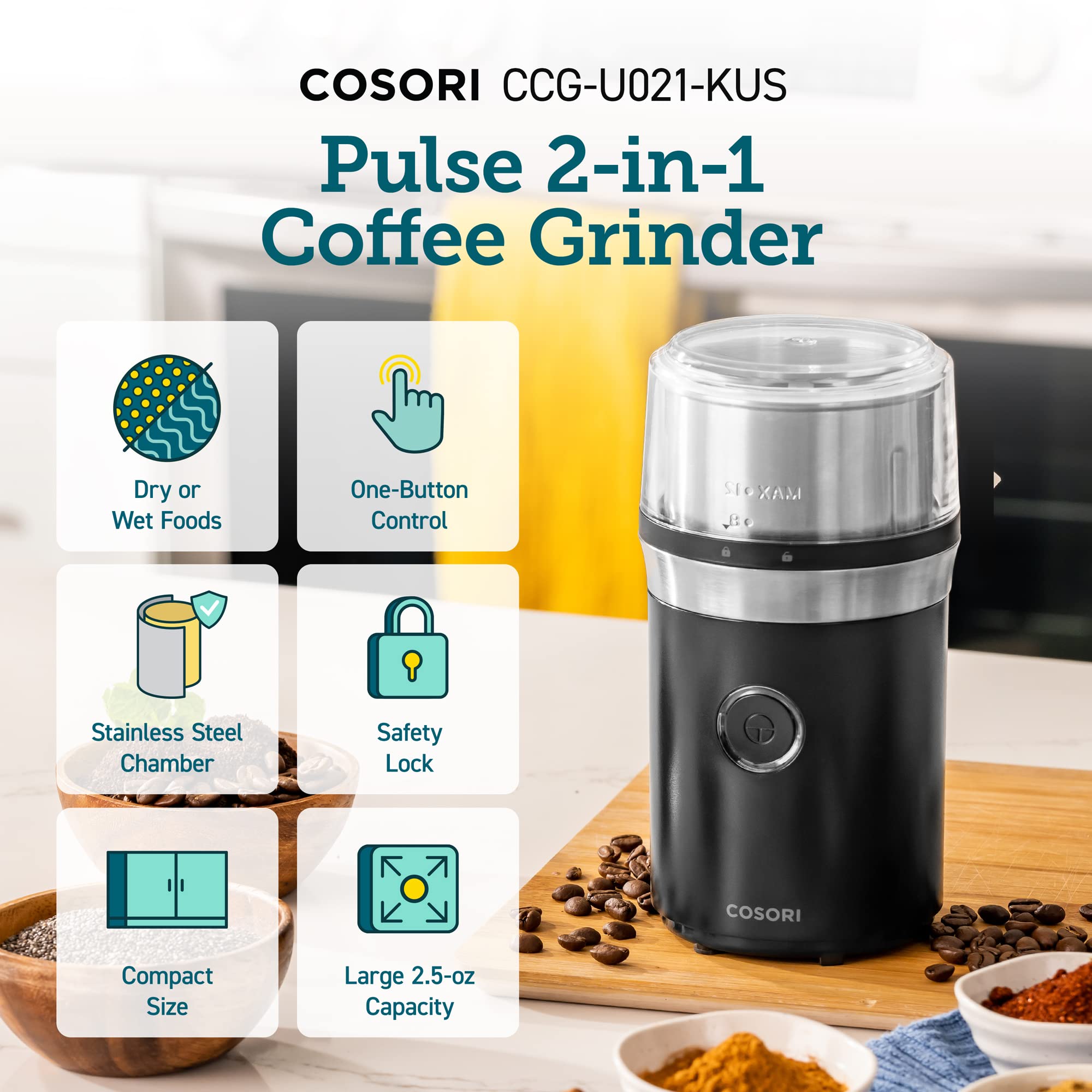 COSORI Electric Coffee Grinder for Spices, Seeds, Herbs & Coffee Beans - Stainless Steel Blades with 2 Removable Bowls - Wet & Dry Grinder for Espresso, Cooking & Baking - Perfect for Kitchen, Camping & Travel (Black)