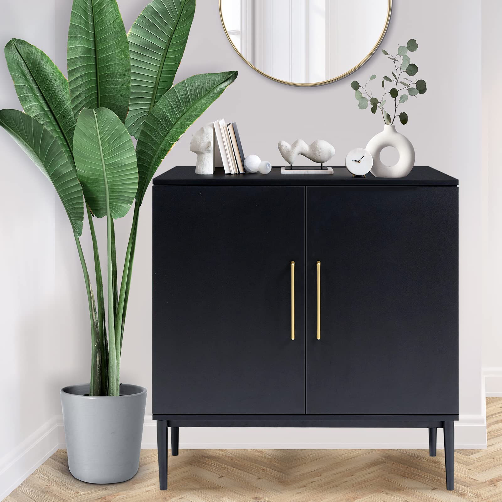 Modern Wood Storage Cabinet - Free Standing Buffet Sideboard with Wood Accent for Living Room, Hallway, Entryway, Dining Room & Bedroom - Stylish Black Storage Solution for Home Organization & Decor