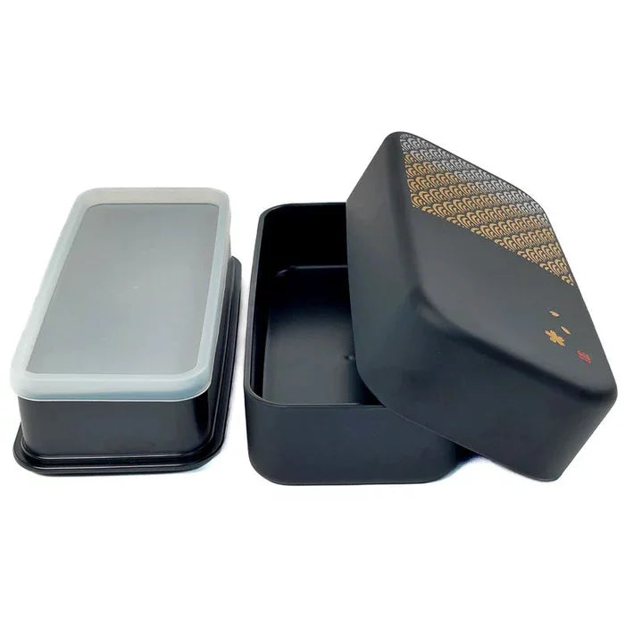 Premium Hakoya Two-Tier Black Bento Lunch Box with Seigaiha Wave Design - 950ml Leak-Proof Container for Office, School & Picnic Meals