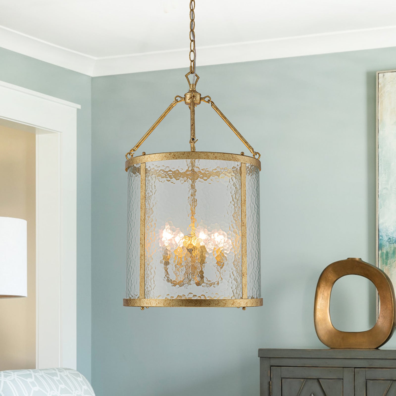 Glowlings 4-Light Modern 16-Inch Wide Ripple Glass Cylinder Lantern Chandelier - Perfect for Dining Room, Living Room, and Bedroom Lighting