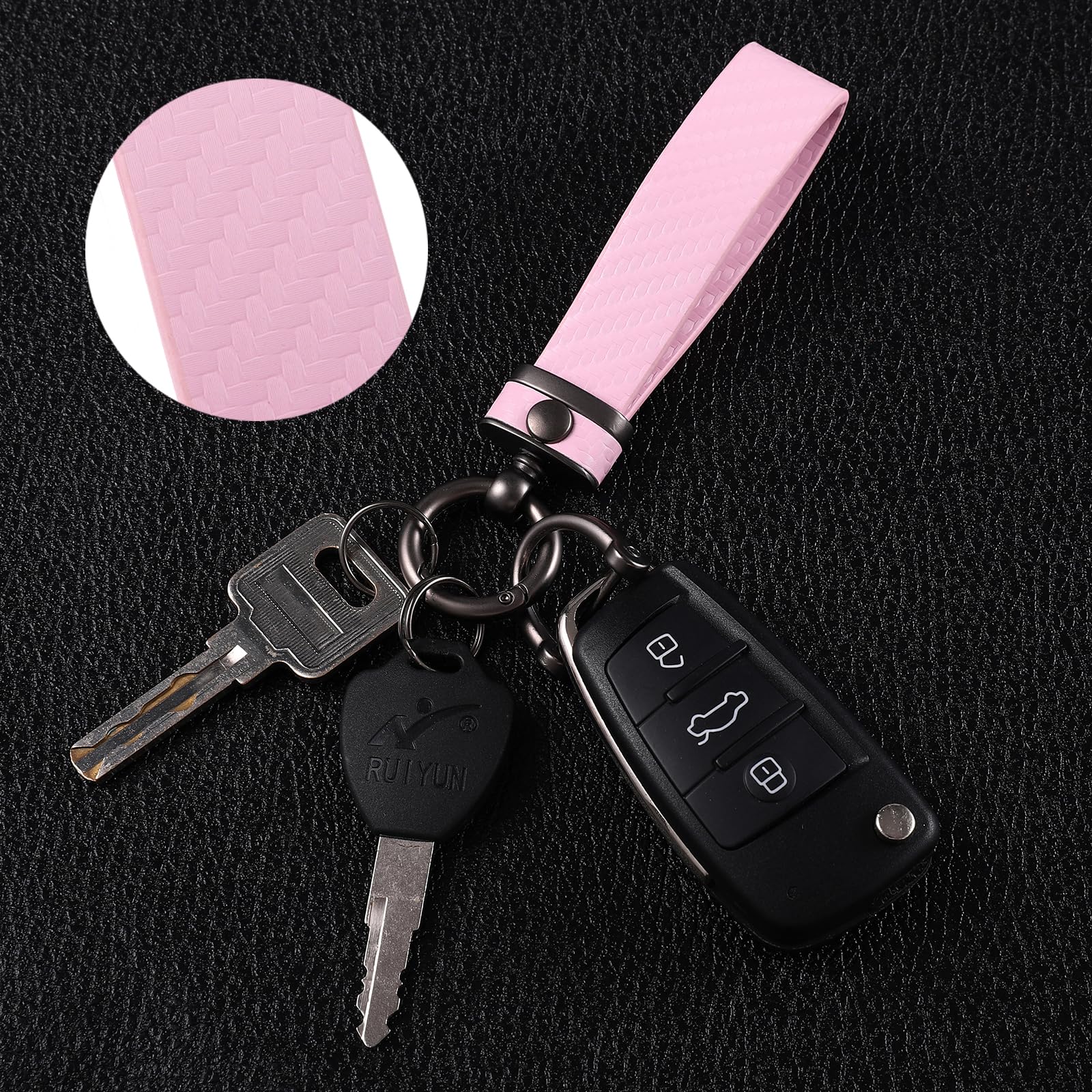 Premium Carbon Fiber Car Keychain with Microfiber Leather - Universal Key Holder for Men & Women - Anti-Lost D-Ring Key Fob (Light Pink) - Perfect for Car Keys, House Keys & Everyday Carry Accessories