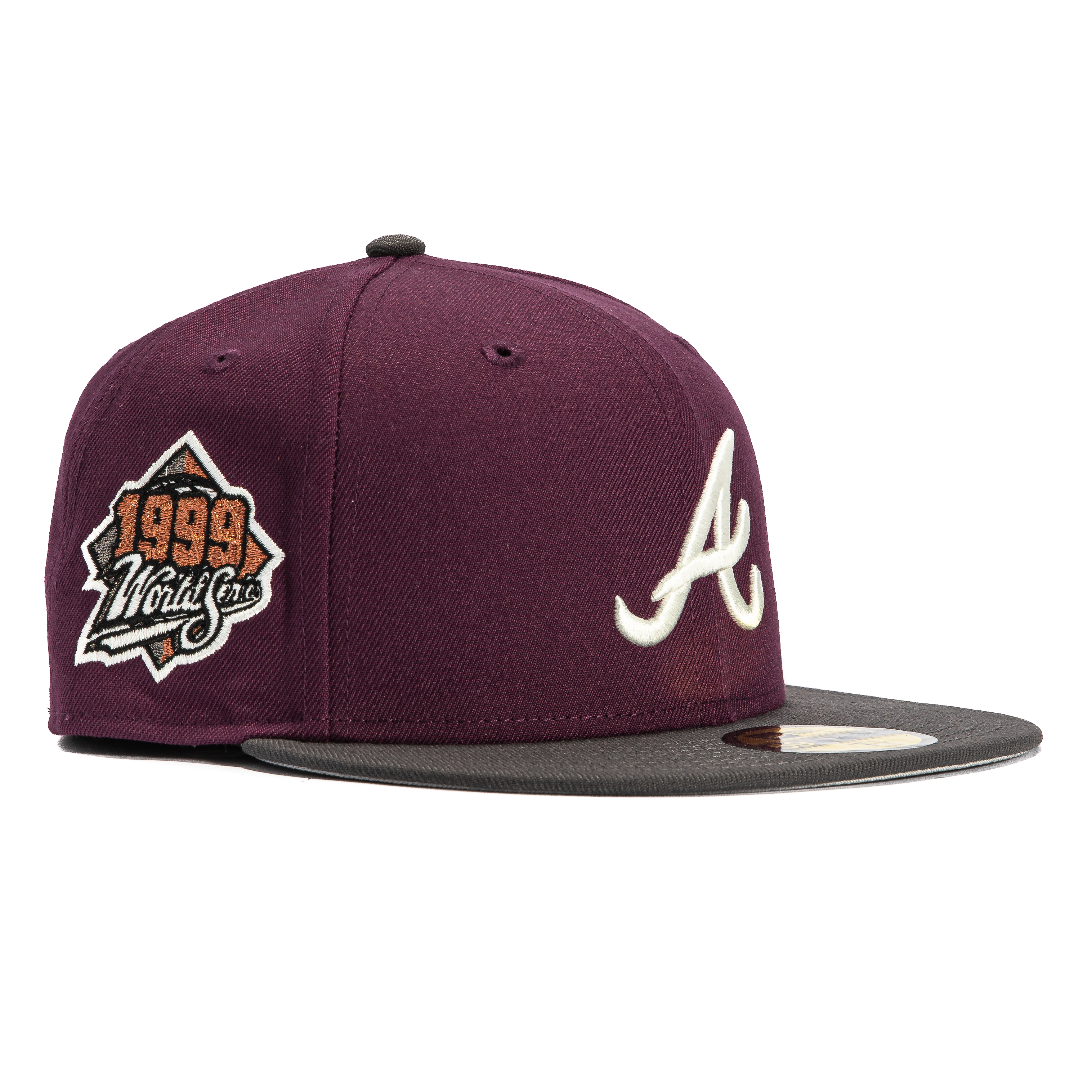 New Era 59Fifty Atlanta Braves 1999 World Series Patch Hat - Maroon & Graphite Color - Official MLB Baseball Cap for Braves Fans, Sports Events & Casual Wear
