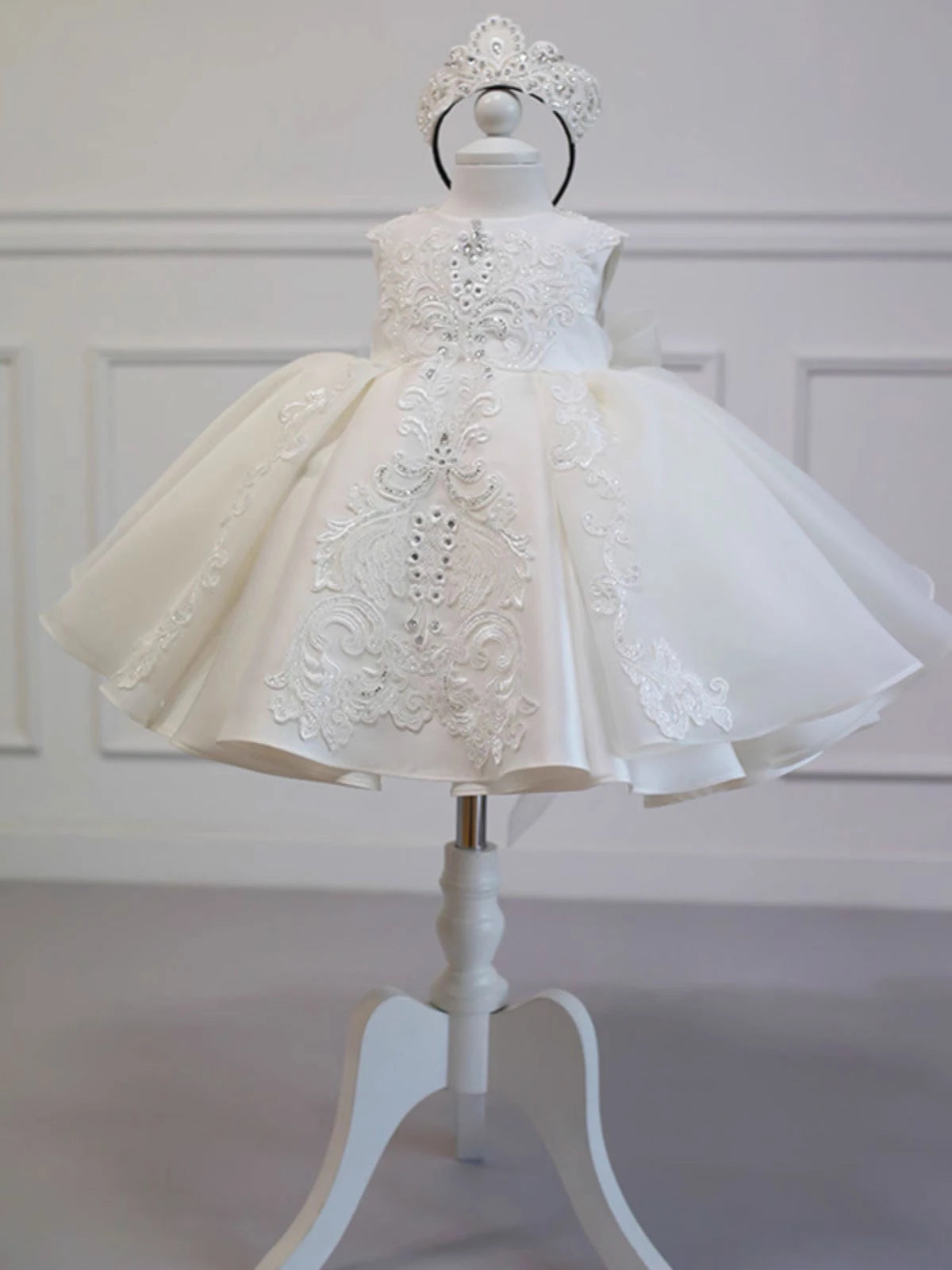 Ivory Princess Round Tea Length Satin Flower Girl Dress - Perfect for Weddings, Birthday Parties & Special Occasions