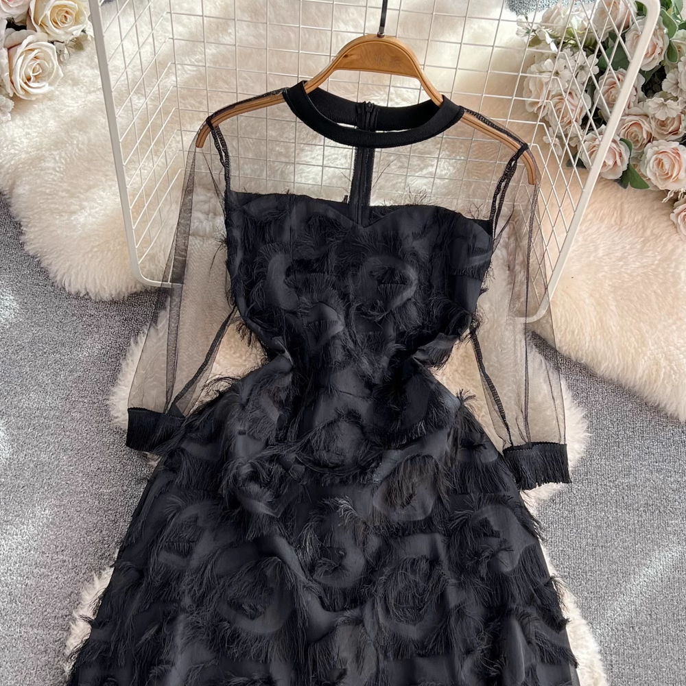 Elegant Long Sleeve Round Neck Mesh Midi A-Line Feather Fringe Dress 1553 - Perfect for Evening Parties, Date Nights & Special Occasions