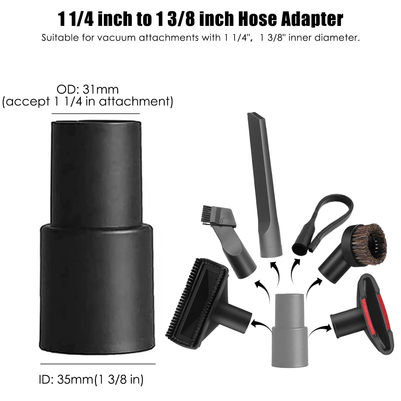 7-Piece Vacuum Cleaner Accessories Kit - 1 1/4 inch & 1 3/8 inch Hose Adapters with Dusting Brush - Compatible with Most Standard Vacuums - Perfect for Home Cleaning, Car Detailing, and Pet Hair Removal