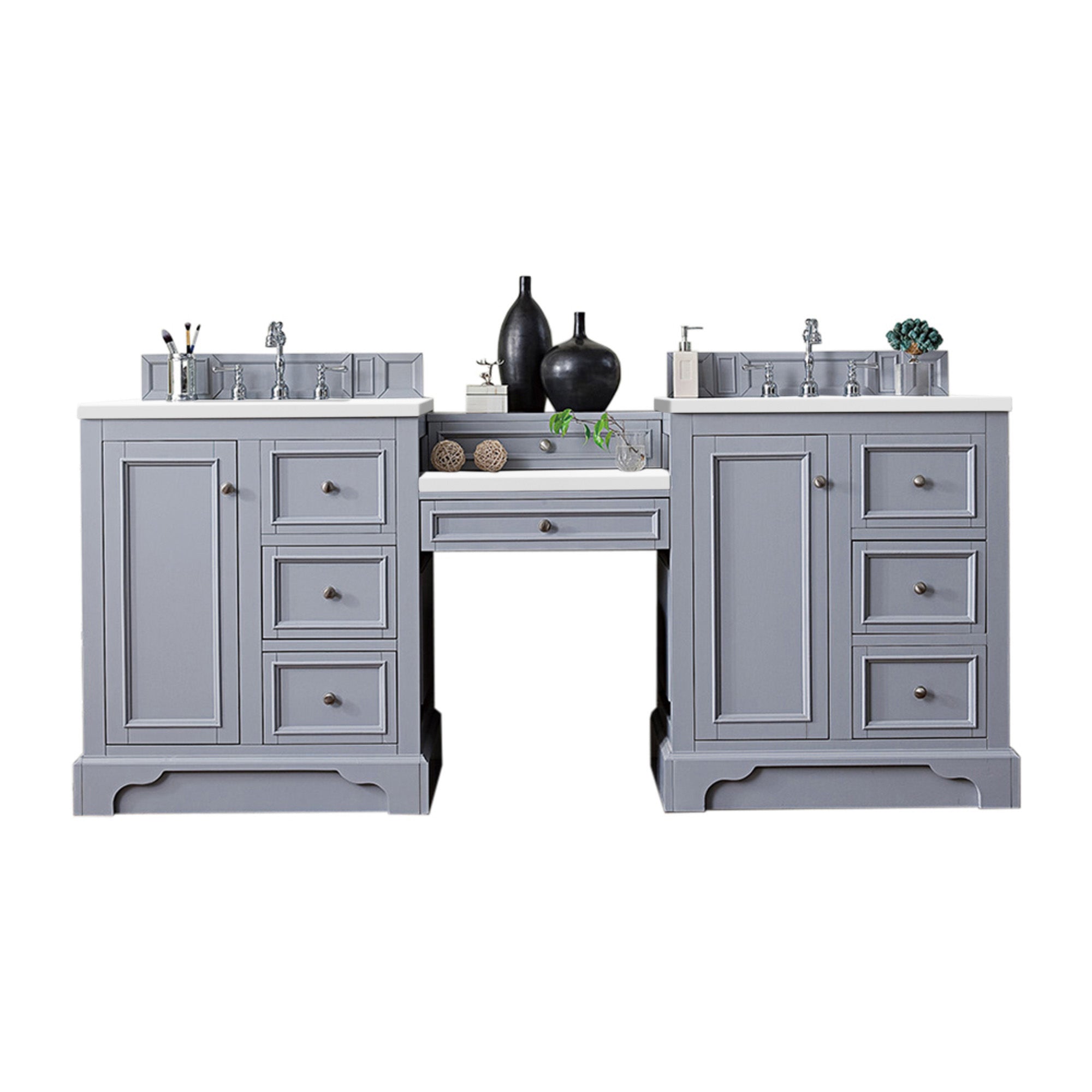 De Soto 82 Inch Double Vanity Set with Makeup Table - Silver Gray Finish, 3CM Thick Classic White Quartz Countertop | Perfect for Bathroom Remodeling & Master Suite Upgrades