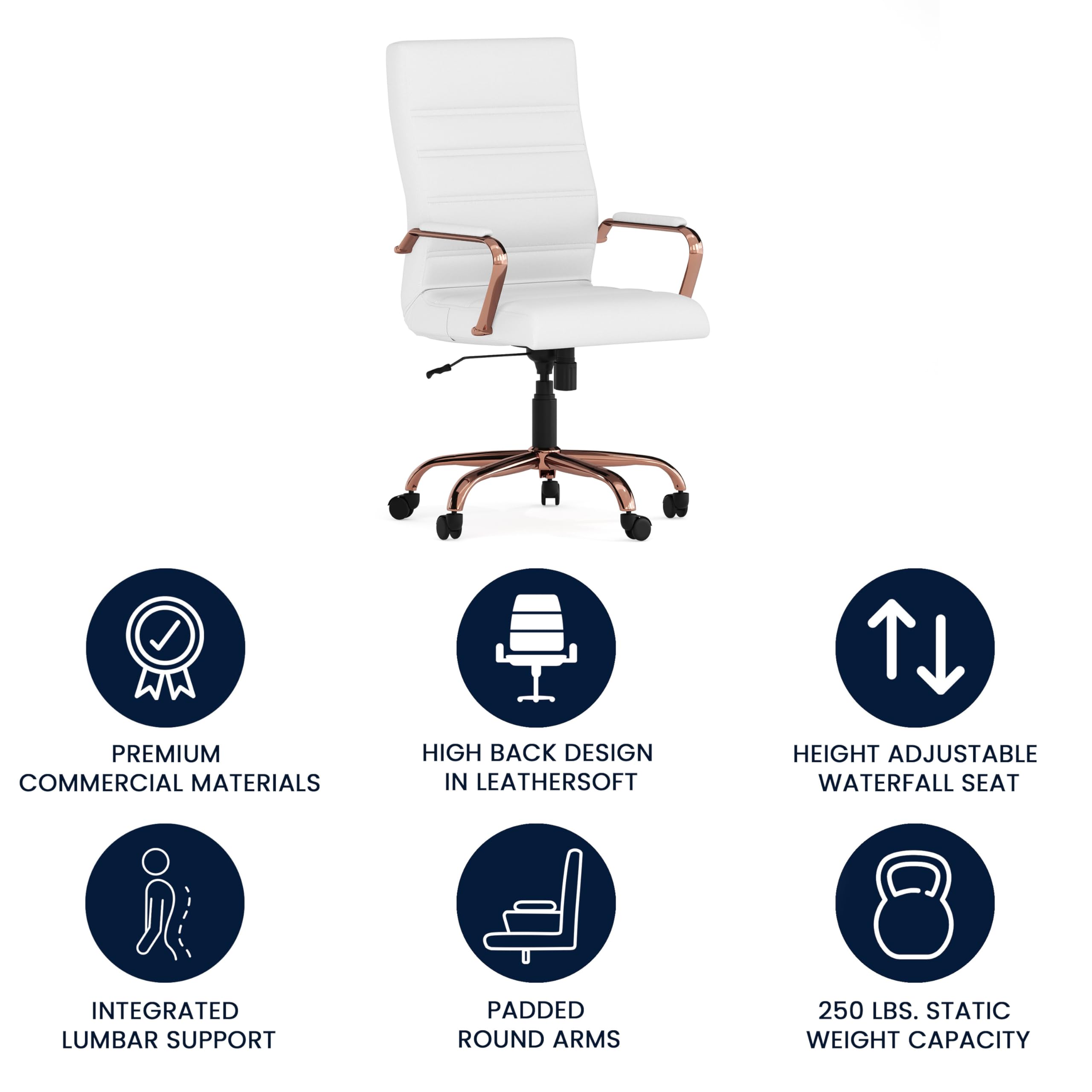 Premium White LeatherSoft High Back Executive Office Chair with Rose Gold Frame - Ergonomic Swivel Arm Chair for Home & Office Workspaces