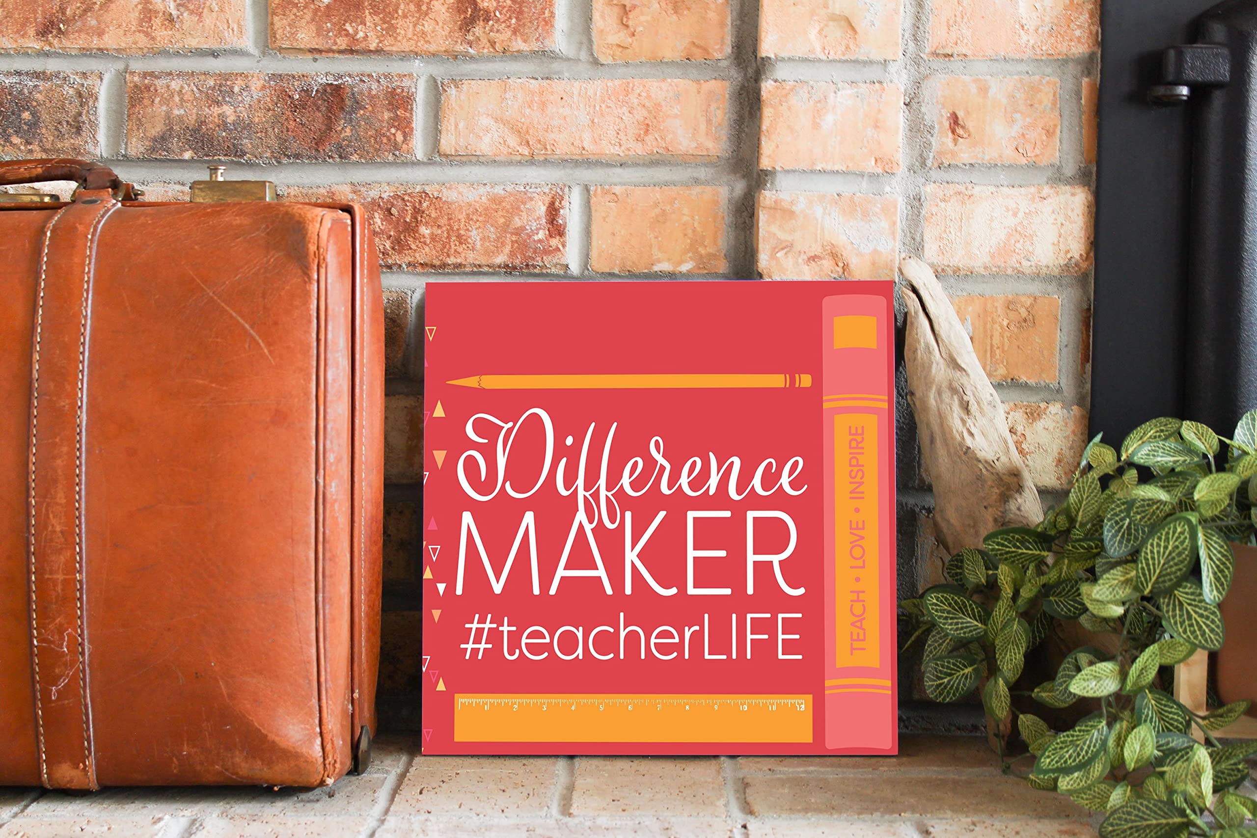 Elanze Designs Difference Maker Teacher Red Pencil Ruler 12x12 Wood Wall Sign Plaque - Perfect for Classroom Decor, Teacher Appreciation Gifts & School Office Wall Art