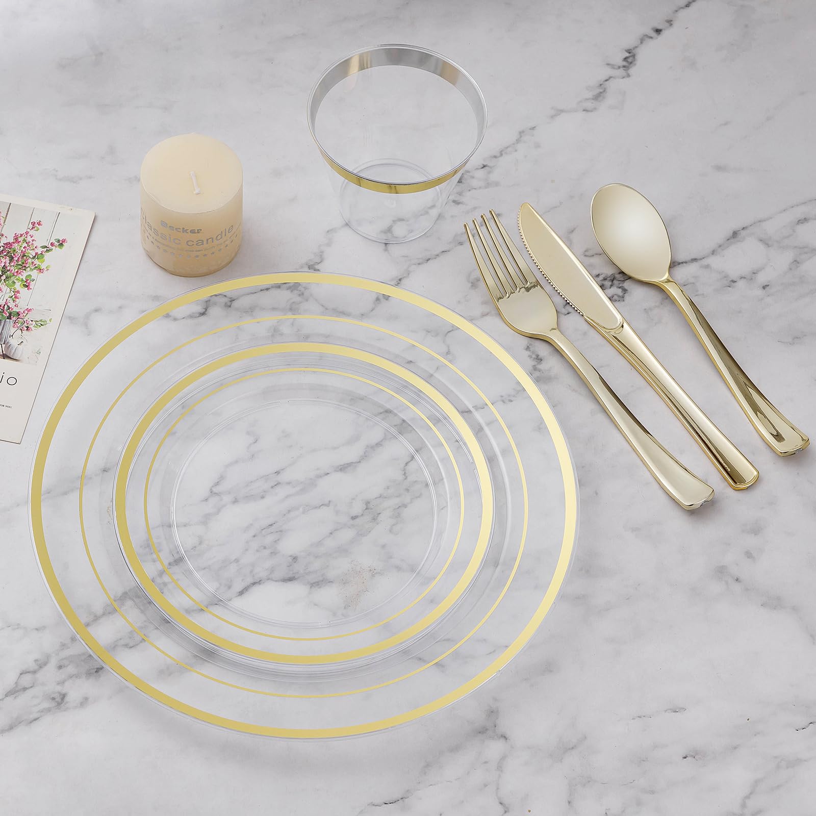 600-Piece Clear Gold Plastic Dinnerware Set for 100 Guests - Disposable Plates, Dessert Plates, Cups, Spoons, Forks & Knives - Perfect for Parties, Christmas, New Year & Special Events