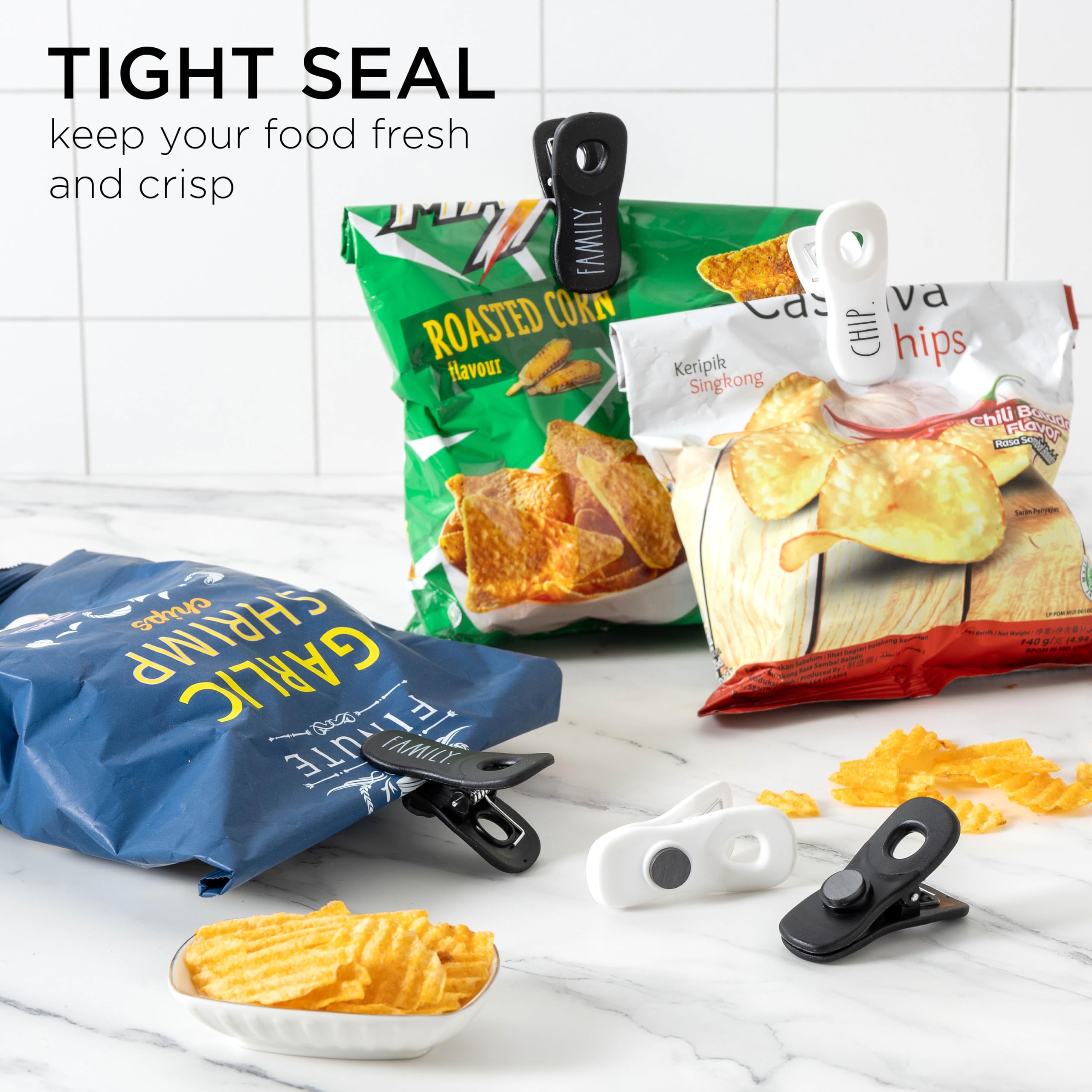 Rae Dunn Magnetic Bag Clips - 20 Pack Airtight Food Storage Clips for Bread, Snacks & Chips - Strong Seal Grip for Kitchen, Pantry & Picnic Use - Black & White Design