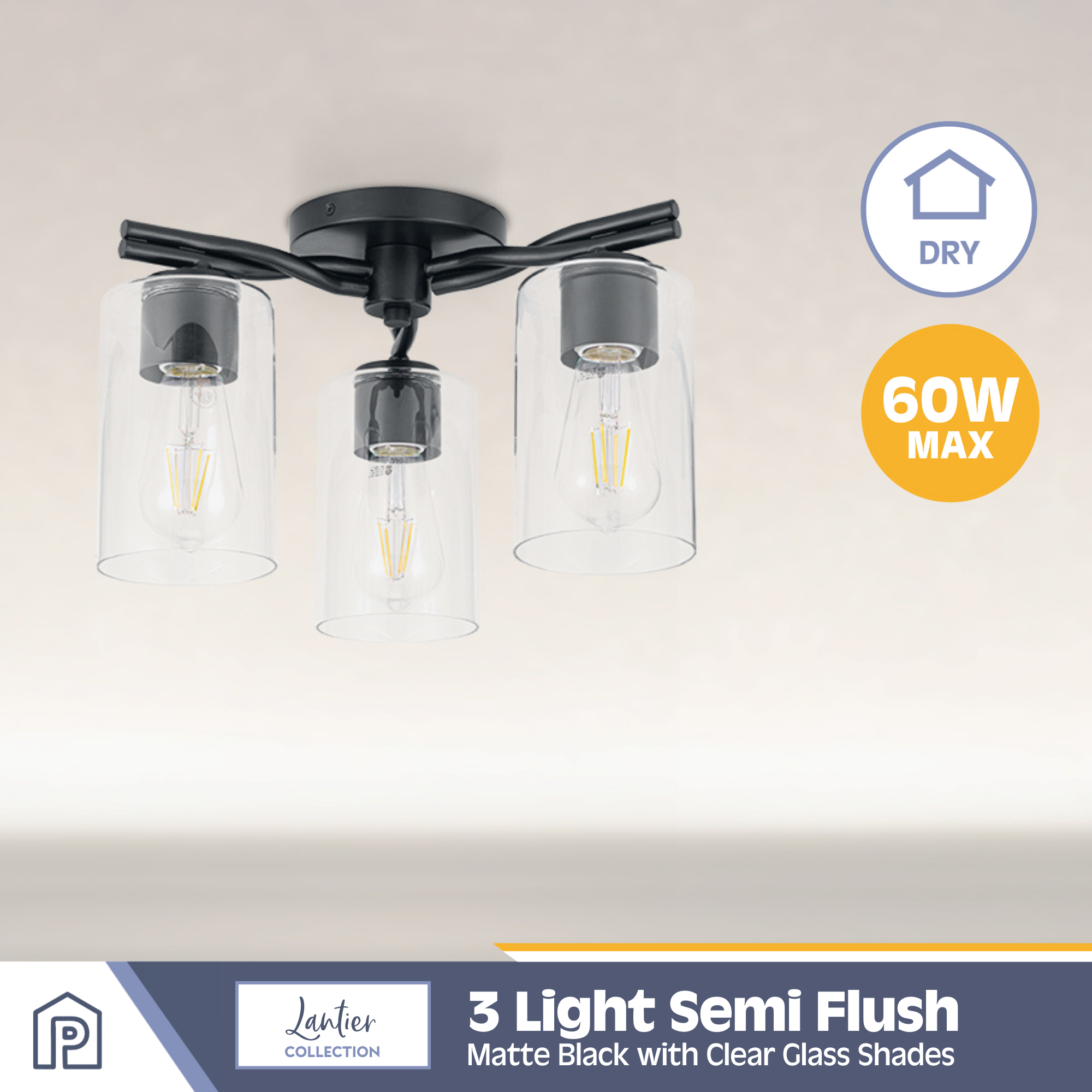 3-Light Semi Flush Mount Ceiling Light Fixture - Matte Black with Clear Glass Shades - Perfect for Bedroom, Living Room, Kitchen, and Hallway Lighting