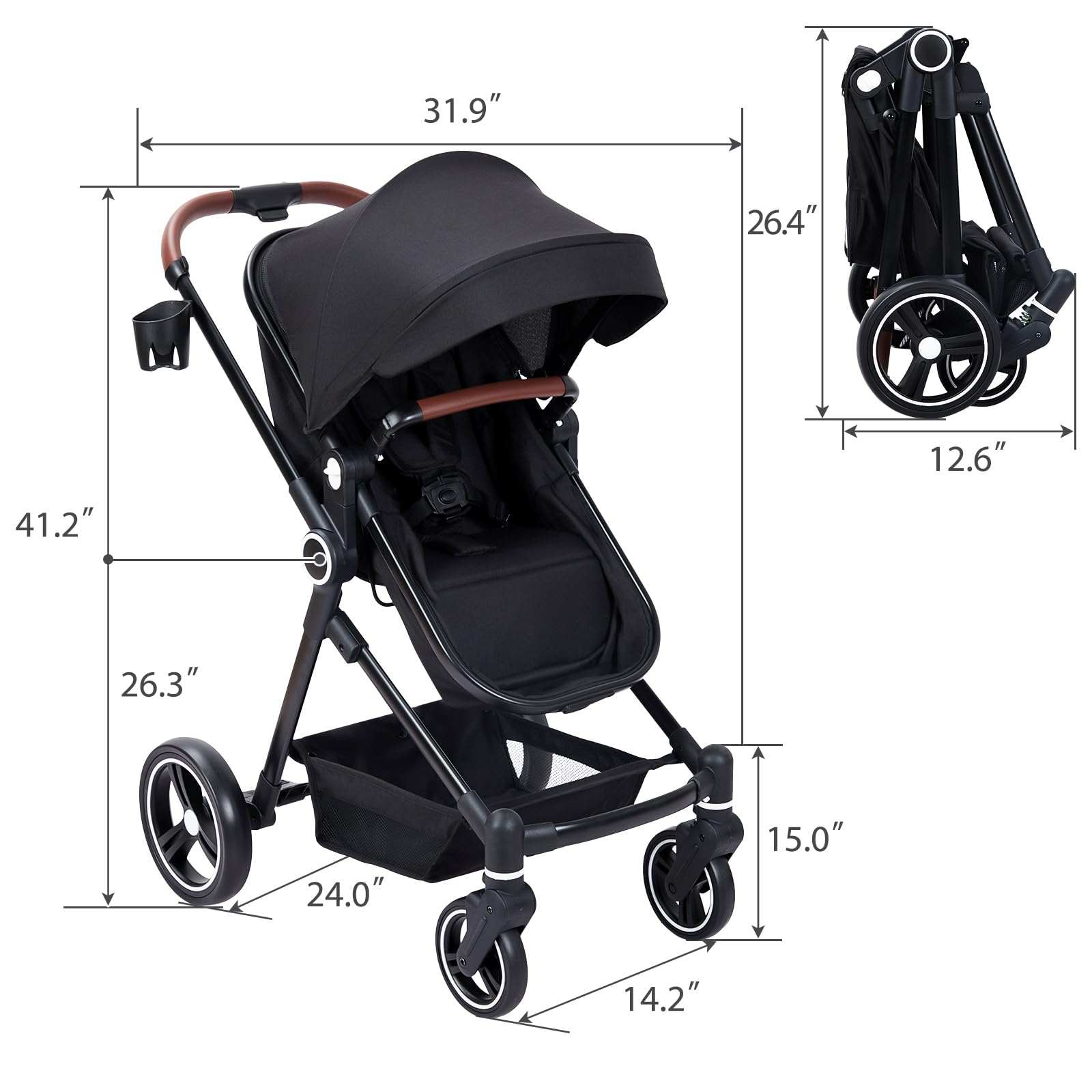 GAOMON 2-in-1 Baby Stroller with Reversible Bassinet | Adjustable Canopy & Backrest | Foldable Lightweight Aluminum Frame | Shock-Absorbing Wheels for Newborns & Infants (Black) - Perfect for Park Walks, Shopping Trips & Daily Outings