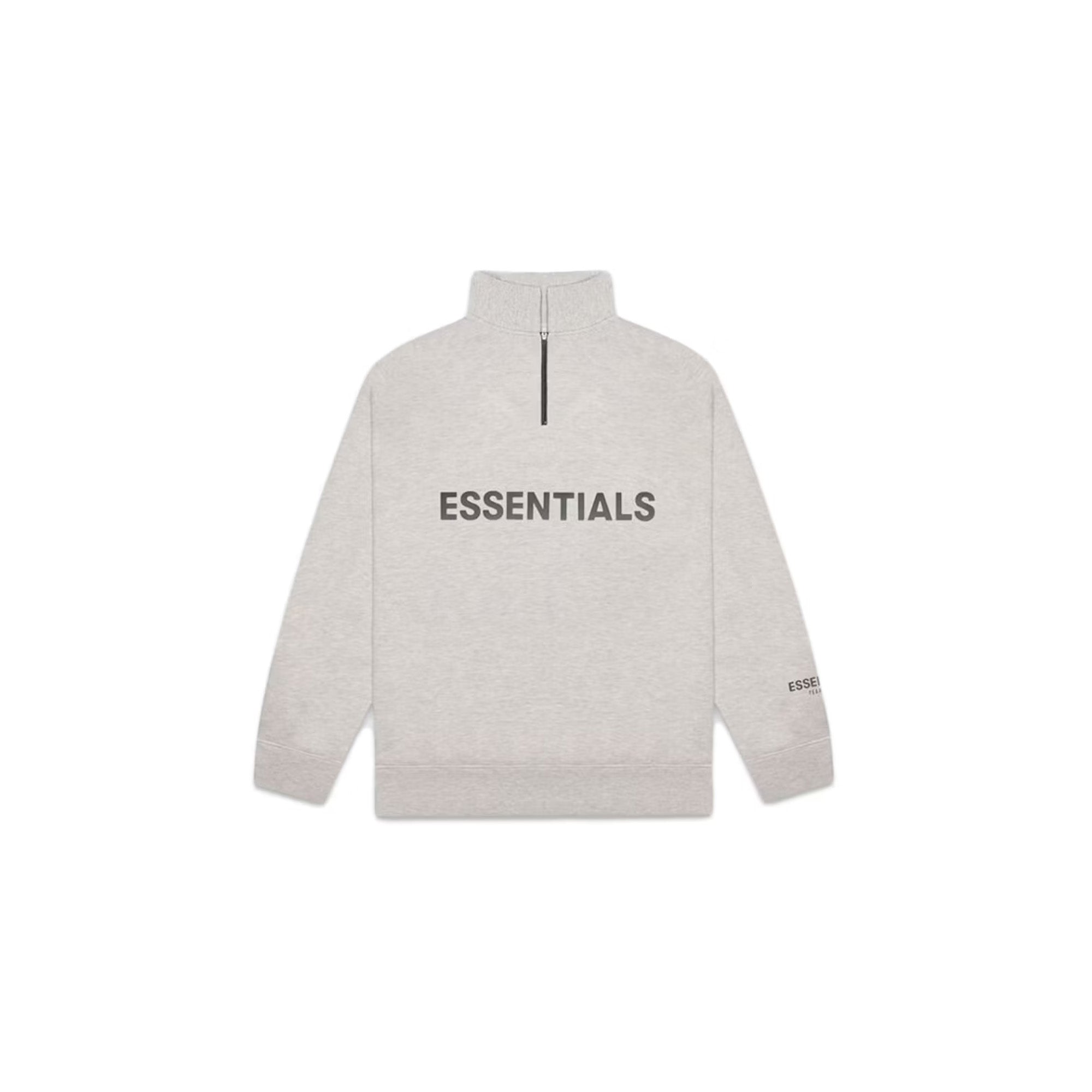 Fear of God Essentials Half Zip Pullover Sweater - Oatmeal Heather Fleece Hoodie for Men | Cozy Winter Layering & Streetwear Fashion Outfit