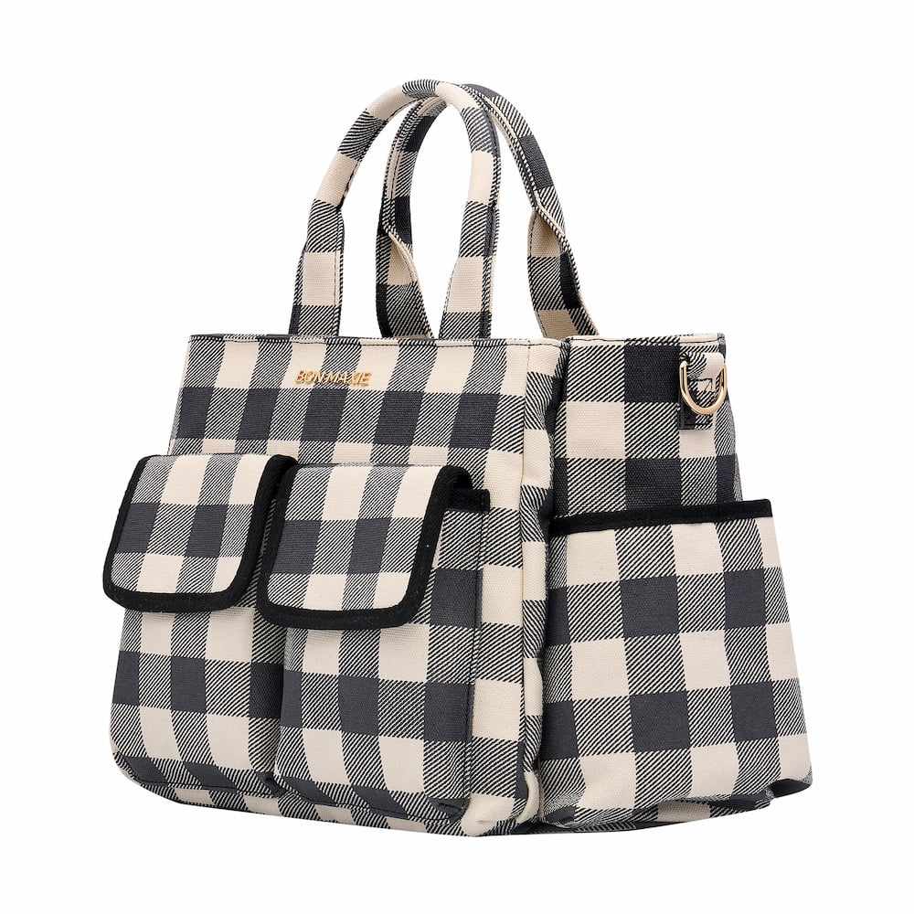 Stylish Black Gingham Multi-Pocket Tote Bag for Women - Spacious Everyday Carry All with Multiple Pockets - Perfect for Work, Travel, Shopping & Beach Outings