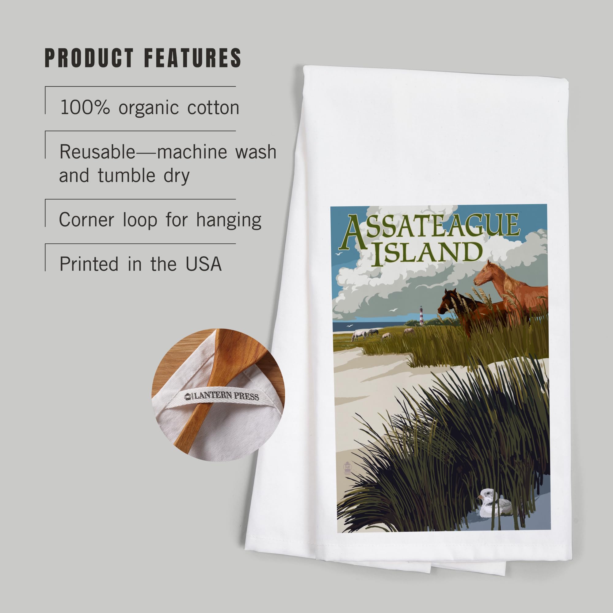 Lantern Press Assateague Island Virginia Horses and Dunes 100% Cotton Tea Towel - Decorative Hand Towel for Kitchen, Home Decor, and Coastal Themed Spaces