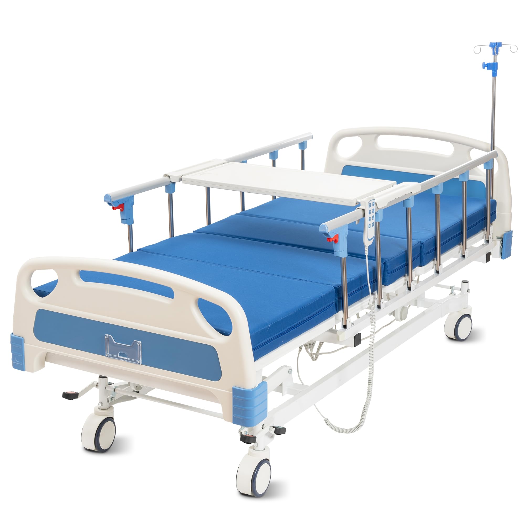 Electric Adjustable Hospital Bed with 3 Functions, 5-Inch Locking Casters - 530LBS Weight Capacity, Includes IV Pole, Bed Tray & Mattress - Ideal for Home Care, Patient Recovery & Medical Facilities
