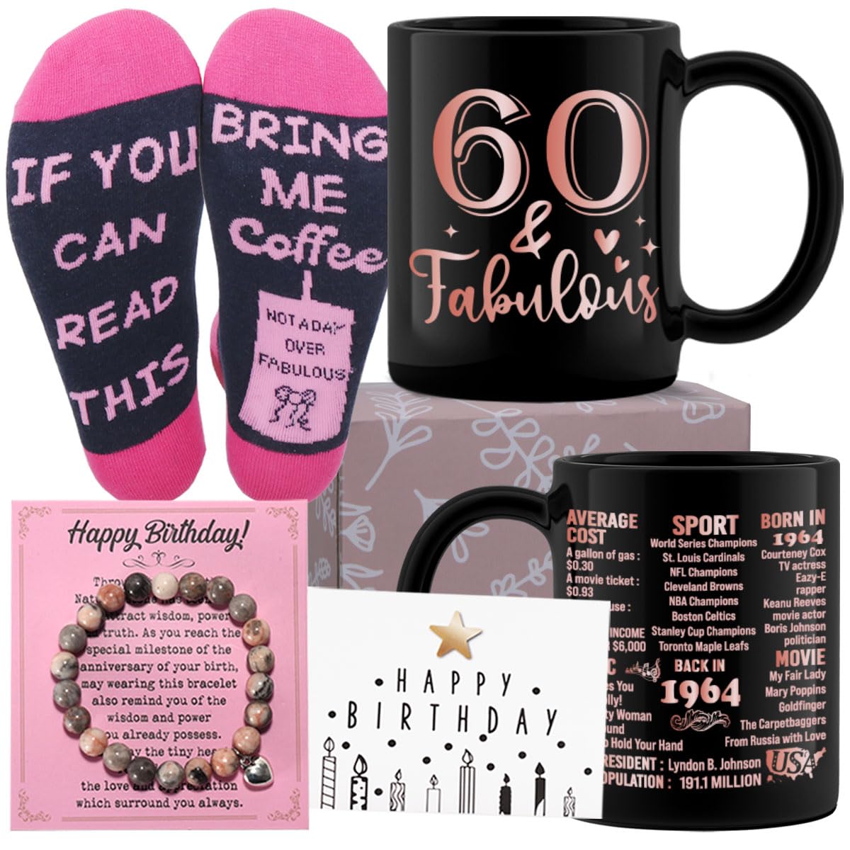 60th Birthday Gifts for Women - Happy 60 Years Old Present for Friend, Coworker, Sister, Wife, Mom, Aunt & Grandma - Vintage 1964 Themed 11oz Coffee Mug Gift Box - Perfect for Milestone Celebrations, Retirement Parties & Sentimental Keepsakes