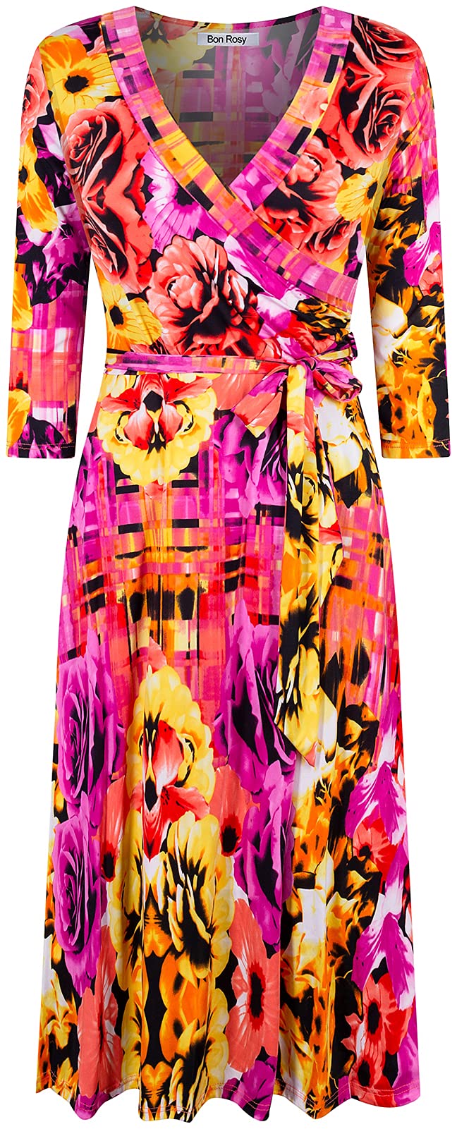 Women's 3/4 Sleeve Faux Wrap Midi Dress - Knee Length Summer Wedding Guest Dress for Bridal Shower, Baby Shower & Maternity Nursing - Fuchsia Pink - Made in USA | Perfect for Garden Parties, Cocktail Events & Special Occasions
