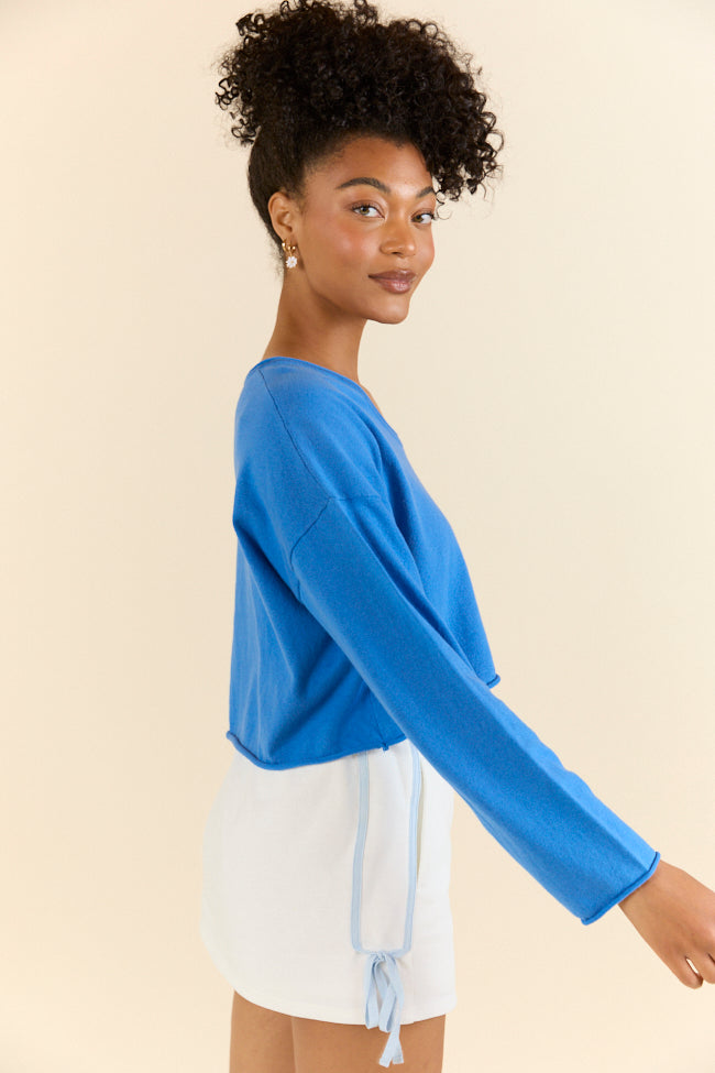 No Bad Days Blue Drop Shoulder V-Neck Pullover Sweater - Soft Casual Knit Top for Women | Perfect for Layering, Weekend Outfits & Cozy Fall Fashion