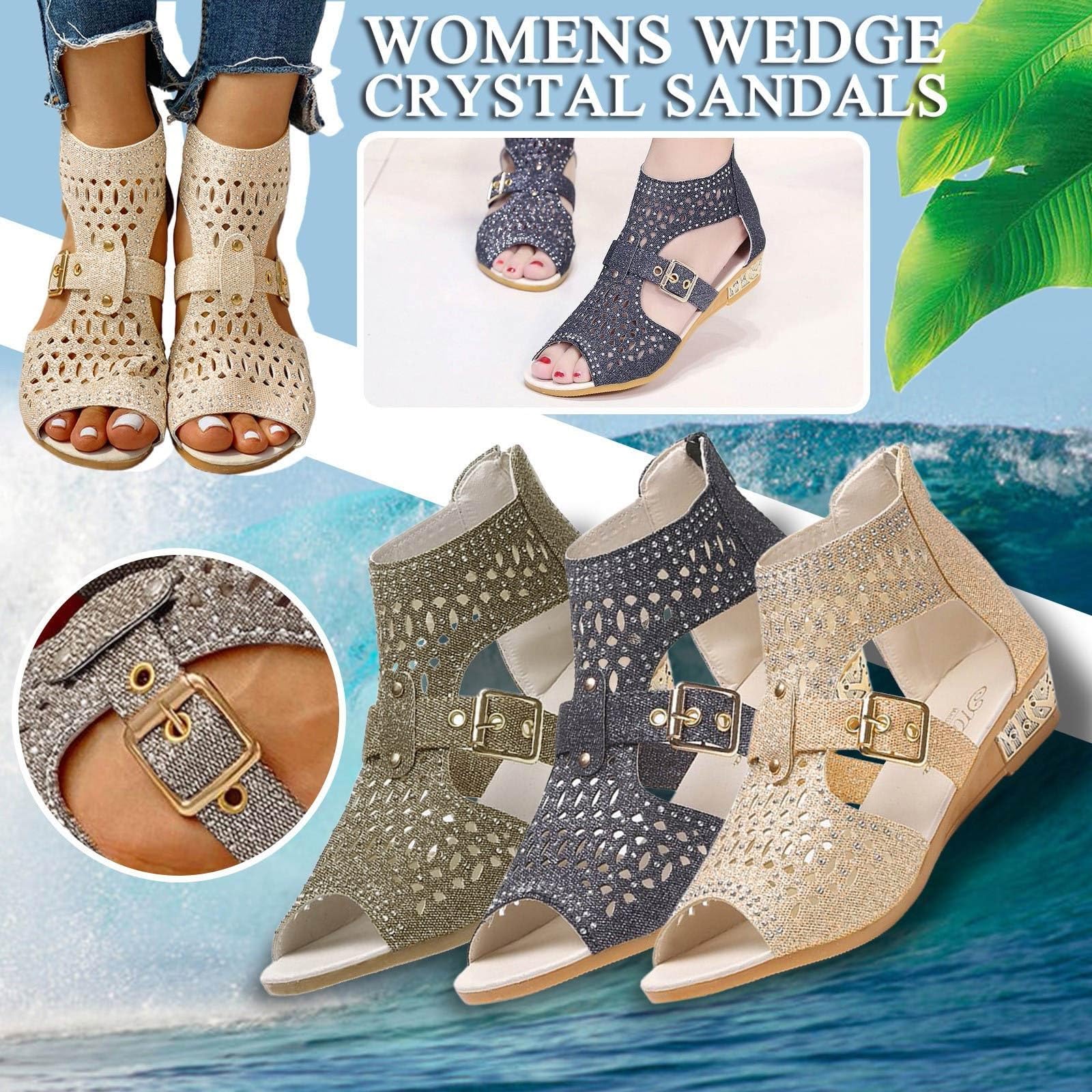 Elegant Women's Gladiator Sandals with Crystal Zip-Up Detail - Open Toe Low Wedge Dressy Summer Sandals for Casual Outings, Beach Vacations & Evening Events