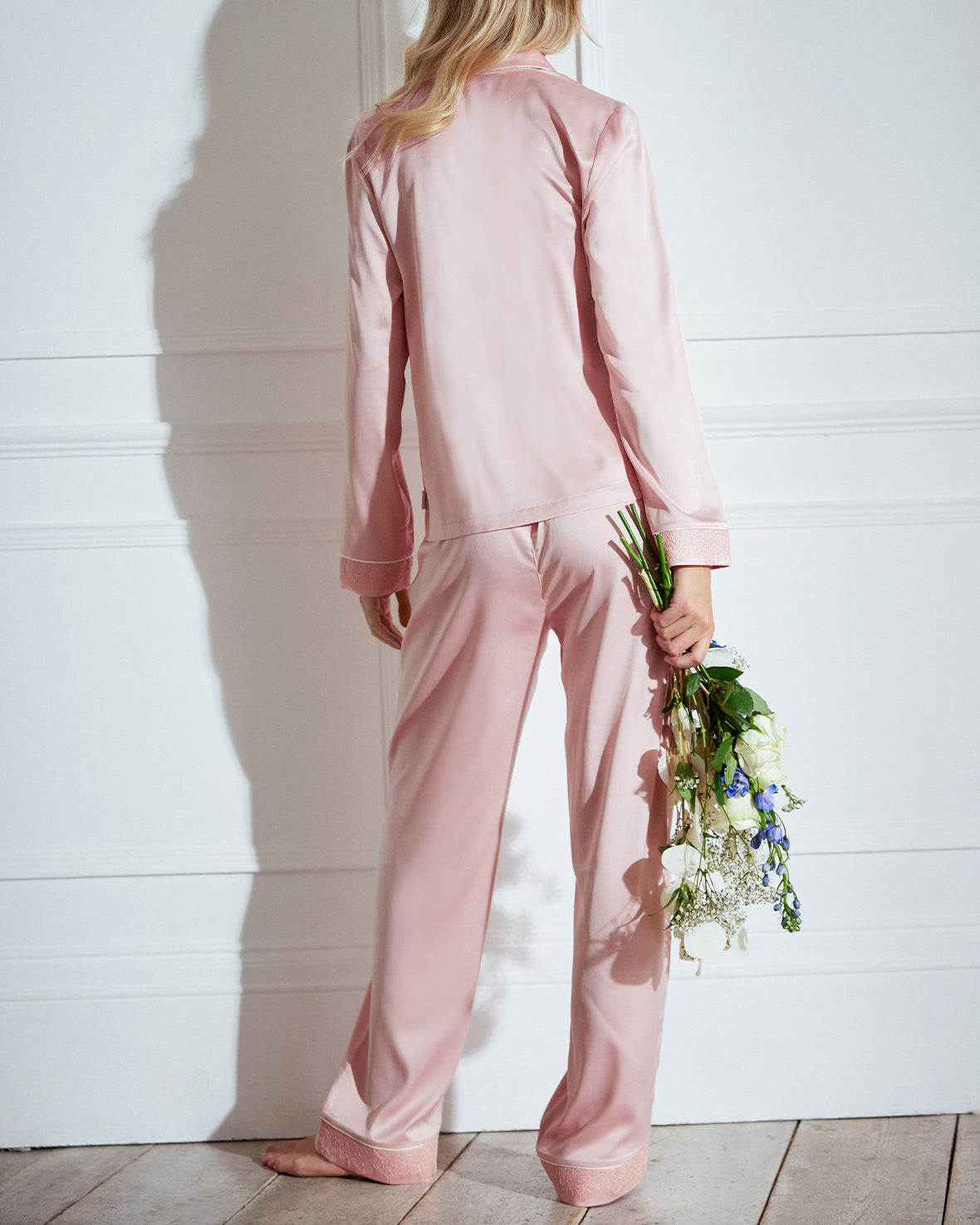 Luxury Satin Lace Trim Long Pajama Set for Women - Soft Blush Pink Sleepwear for Valentine's Day & Anniversary Gifts - Perfect for Romantic Nights & Bridal Shower