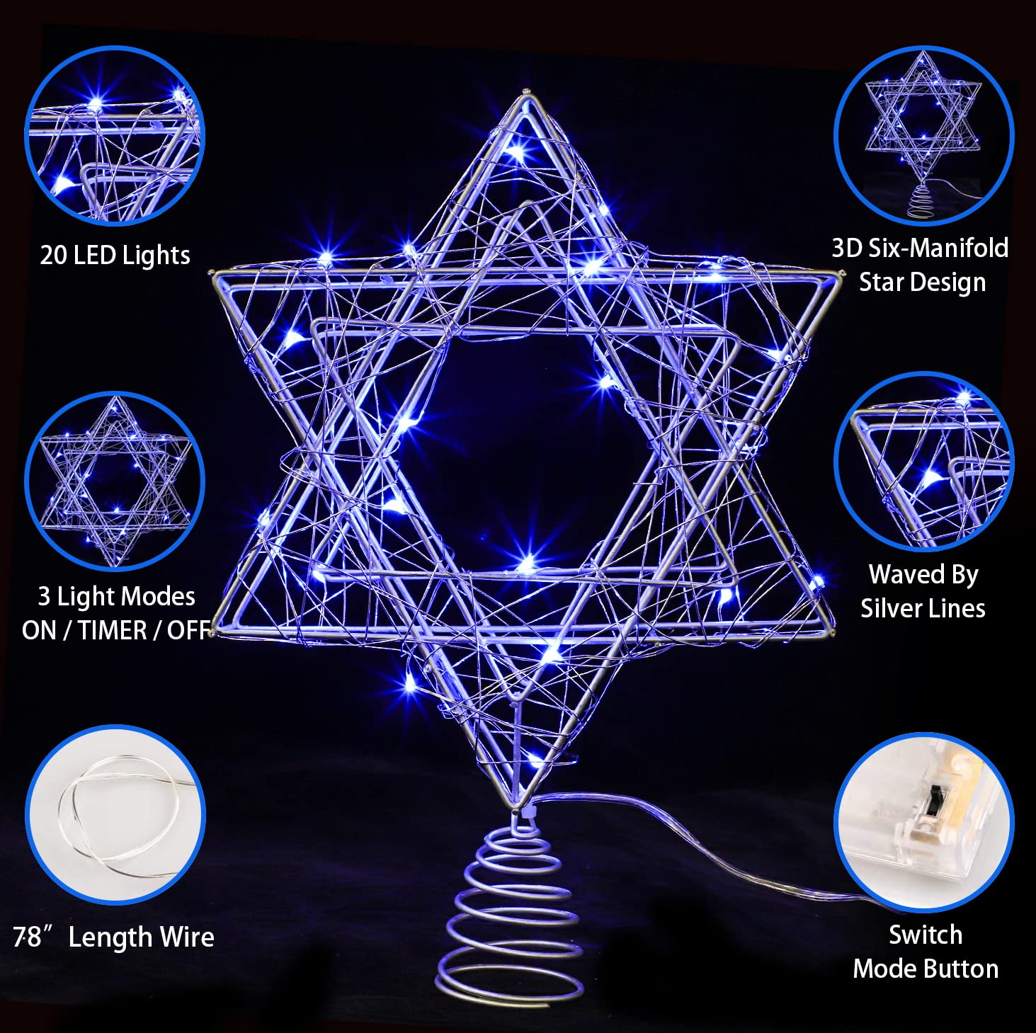 7-Inch Star of David Christmas Tree Topper - Hexagram Metal Ornament with 20 Blue LED Lights, Battery Powered with Timer - Perfect for Xmas Tree, Hanukkah, New Year & Holiday Decorations - Ideal Gift for Jewish Families & Festive Home Decor