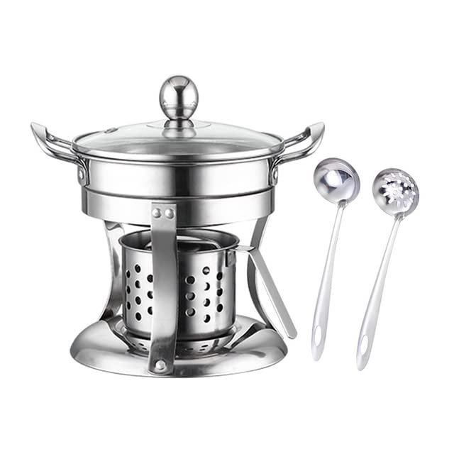 Premium Stainless Steel Mini Hot Pot with Alcohol Burner - Portable Single Serving Cookware for Camping, Picnics & Home Cooking - Non-Magnetic Safe Design