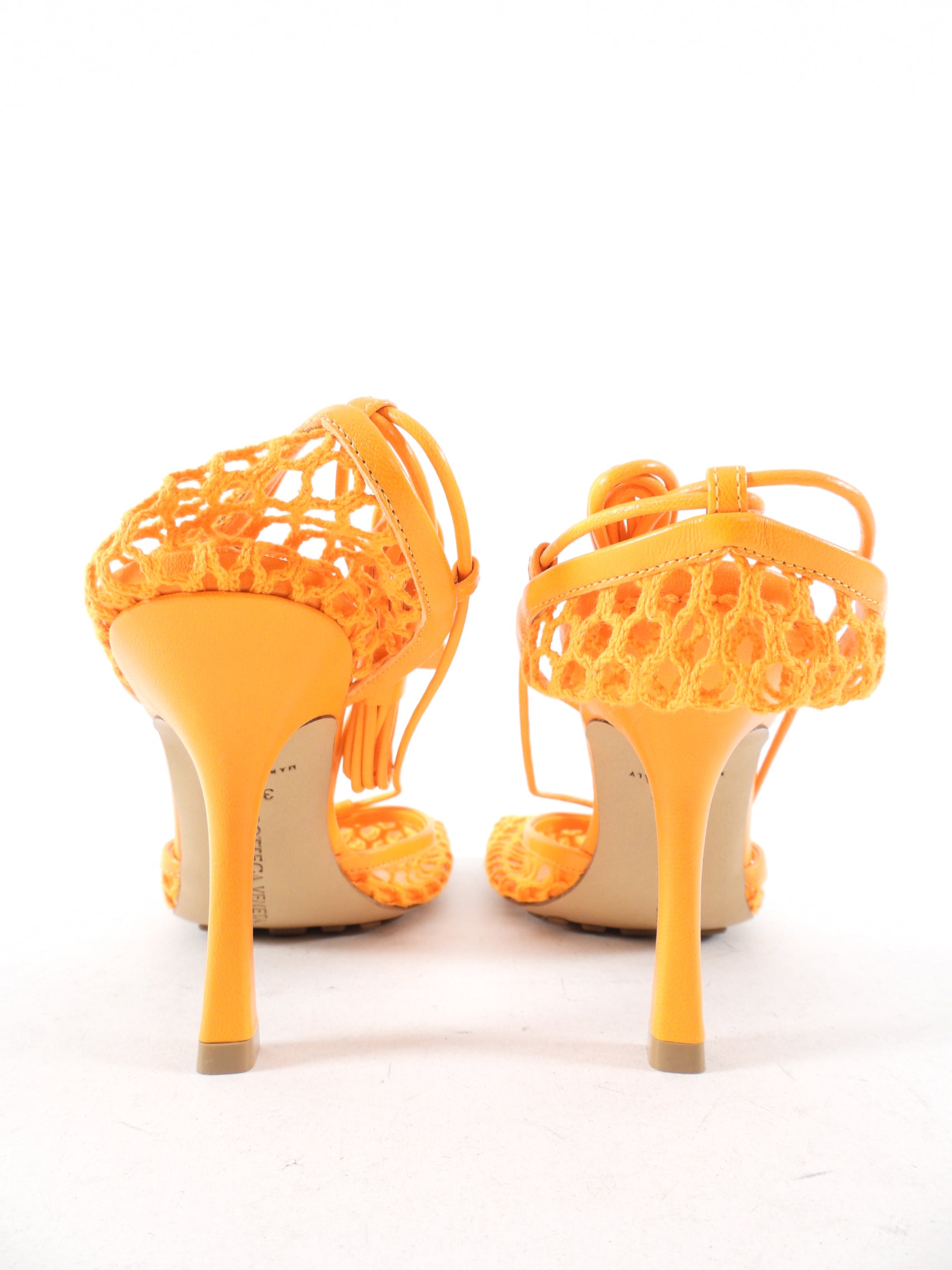 Bottega Veneta Orange Mesh Wrap Tie Heels - Women's Size 37.5 Luxury High Heels for Parties, Weddings & Evening Events