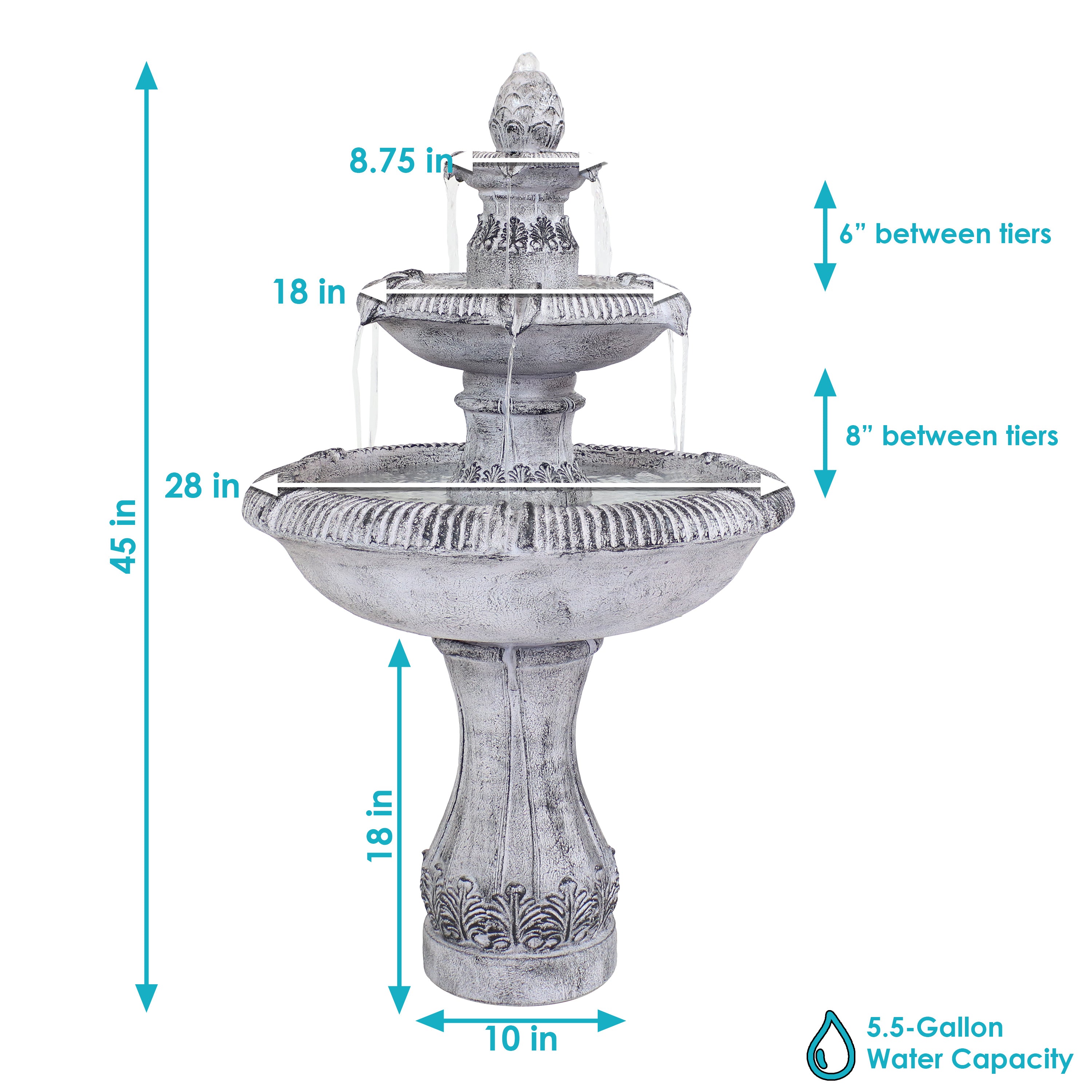 45-Inch 3-Tier Outdoor Water Fountain with Mediterranean Design - Durable Reinforced Concrete for Garden, Patio, and Backyard Decor | Sunnydaze