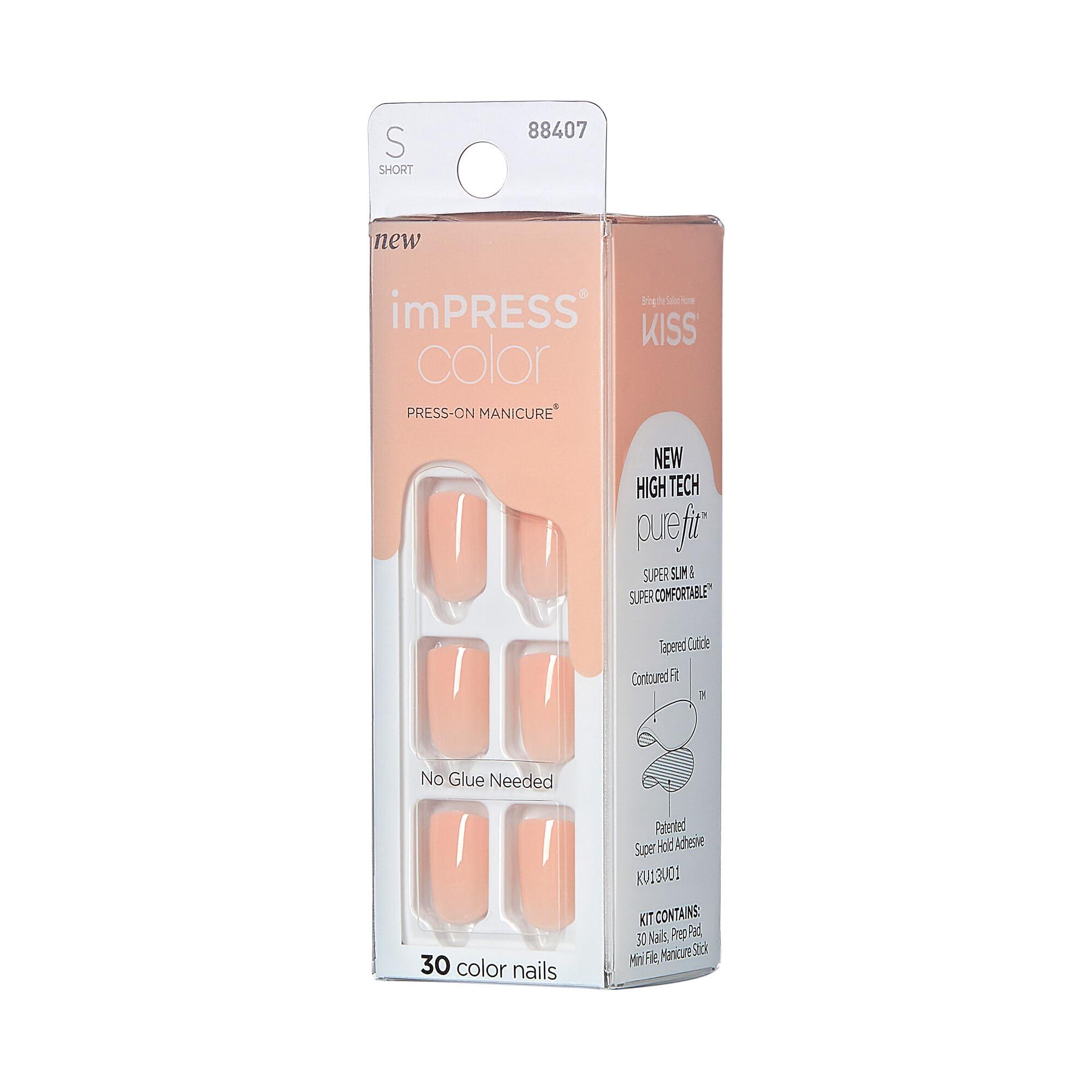 KISS imPRESS Color No Glue Press On Nails 30 Pcs - Matte Light Peach & Pink Short Squoval Fake Nails | Easy Peel & Press Application, Hassle-Free Removal | Perfect for Weddings, Parties, Daily Wear & DIY Manicures