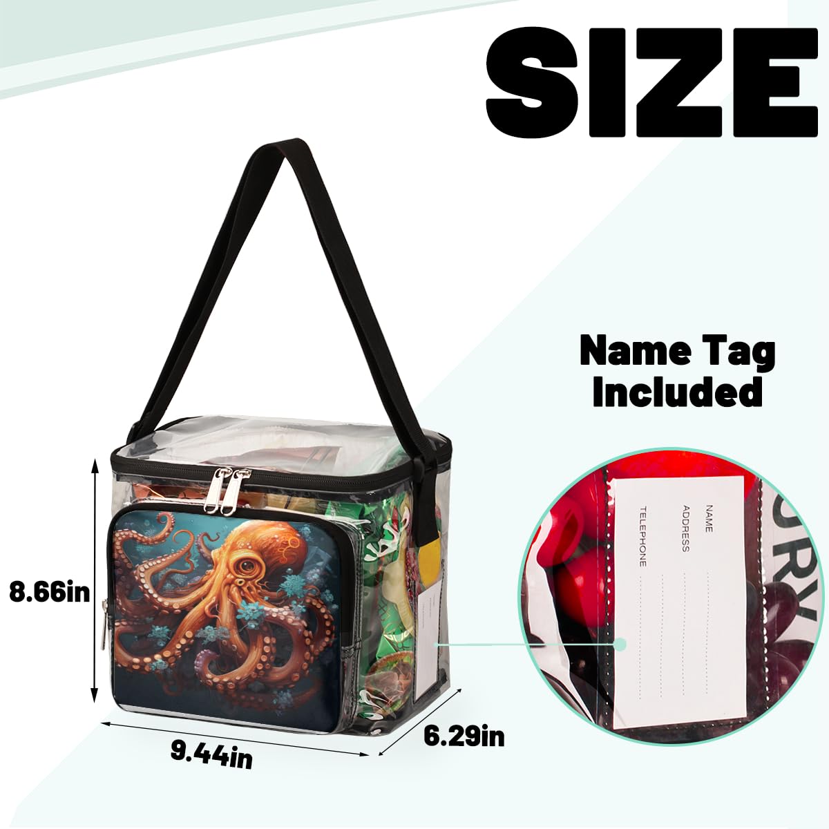 GzLeyigou Orange Octopus Transparent Tote Bag with Handles - Clear Crossbody Shoulder Bag for Lunch, Outdoor Activities, Travel, Picnics, Concerts & Sports Events | Stadium Approved Multipurpose Purse - Perfect for Beach Days, Music Festivals and Theme Park Adventures