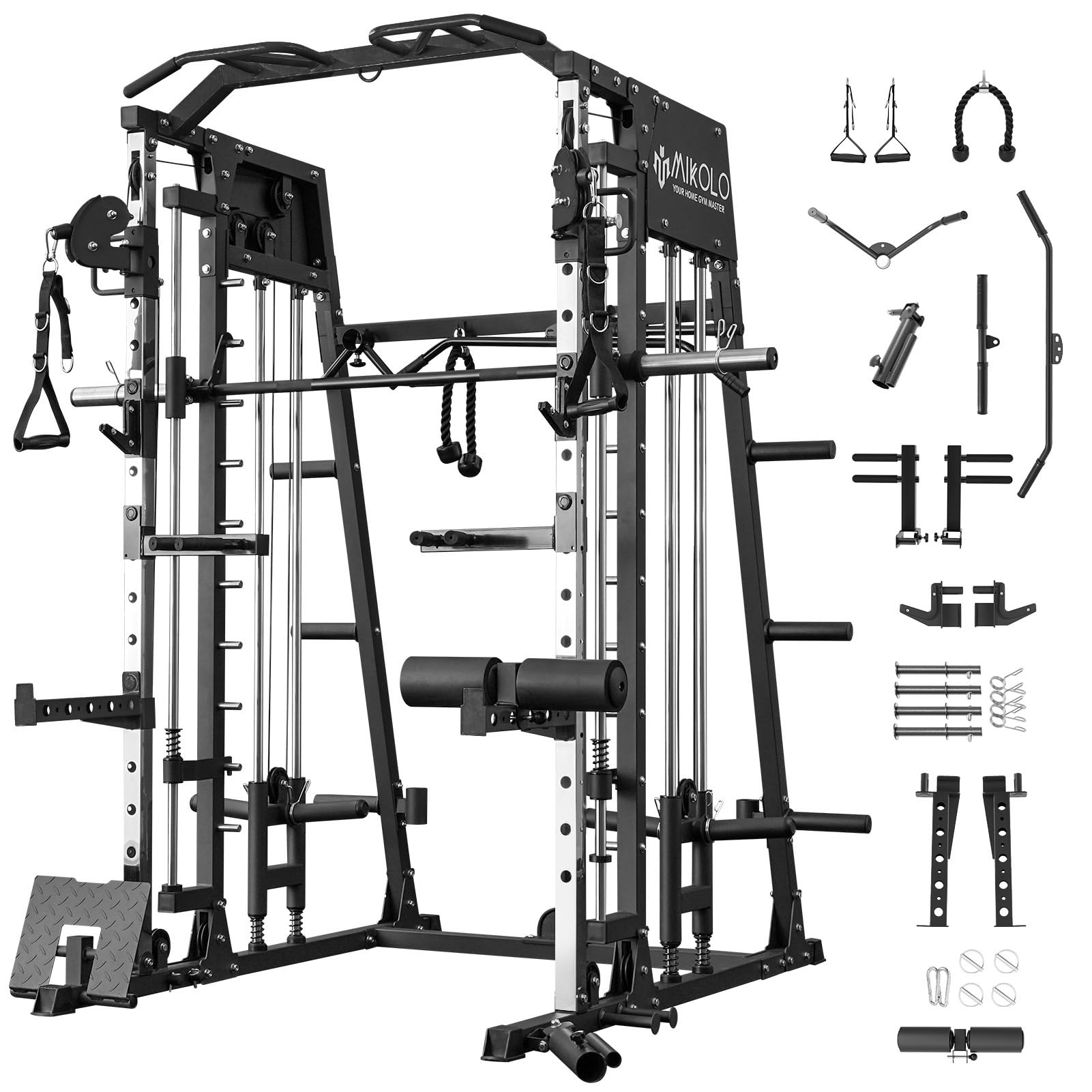 Mikolo Smith Machine - 2200lbs Capacity Squat Rack with LAT Pulldown & Cable Crossover System, Full-Body Gym Equipment with Leg Hold-Down Attachment for Home & Commercial Strength Training