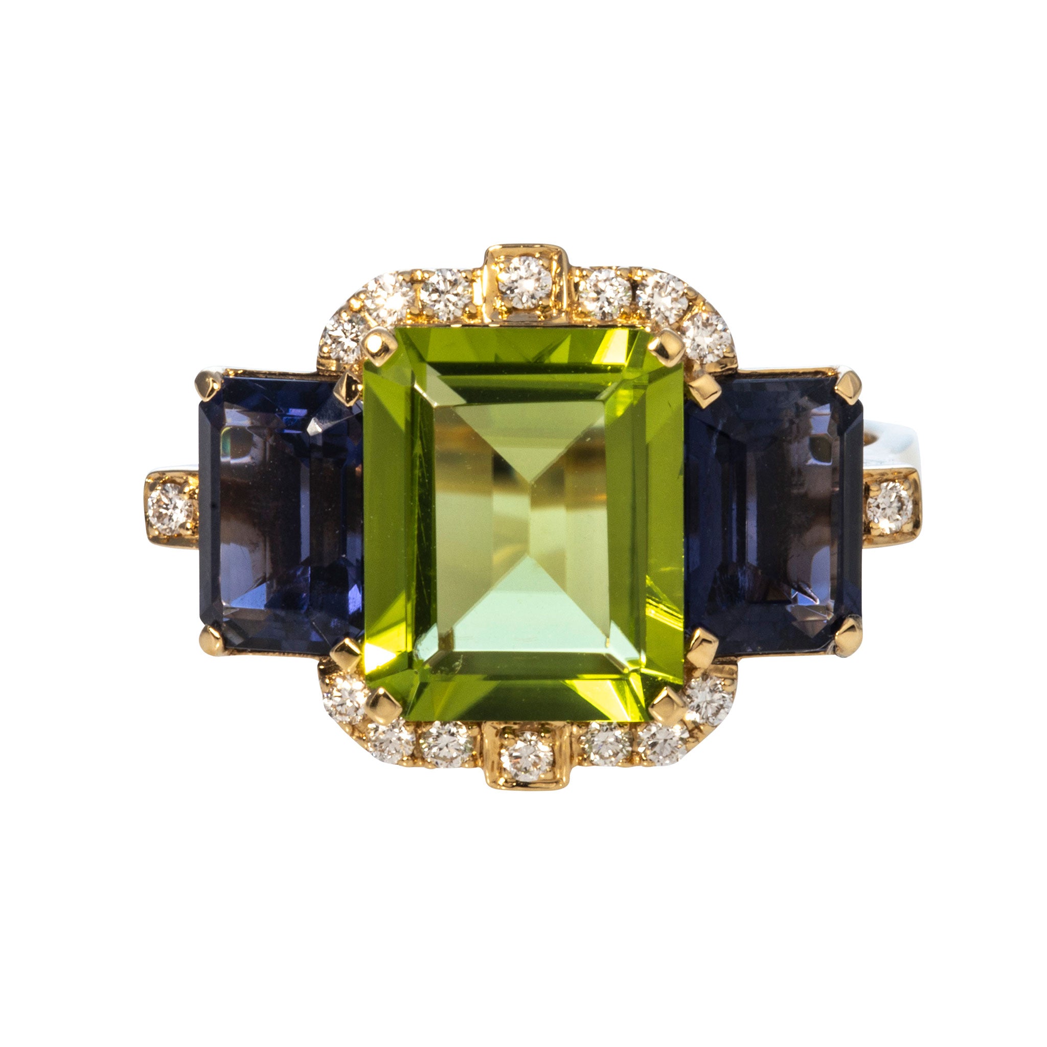 Goshwara 3 Stone Peridot & Iolite 18K Gold Ring for Women | Elegant Green & Violet Gemstone Jewelry | Perfect for Engagement, Wedding & Anniversary Gifts