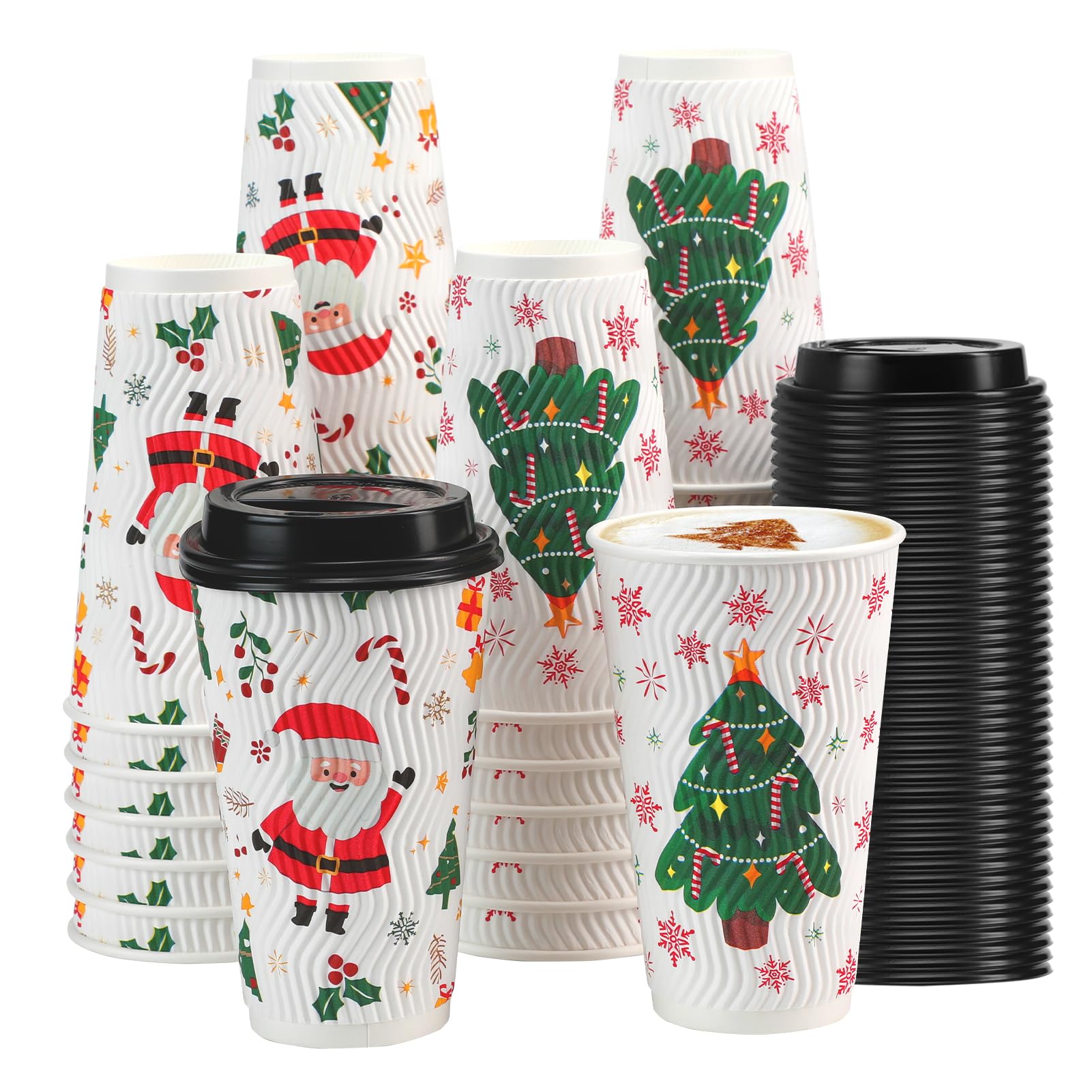 Lamosi 50 Pack - 16 oz Insulated Disposable Christmas Coffee Cups with Lids, Corrugated Ripple Wall Hot Drink Paper Cups for Holiday Parties, Office Events & Christmas Gatherings - Perfect for Hot Cocoa, Coffee & Tea On-The-Go