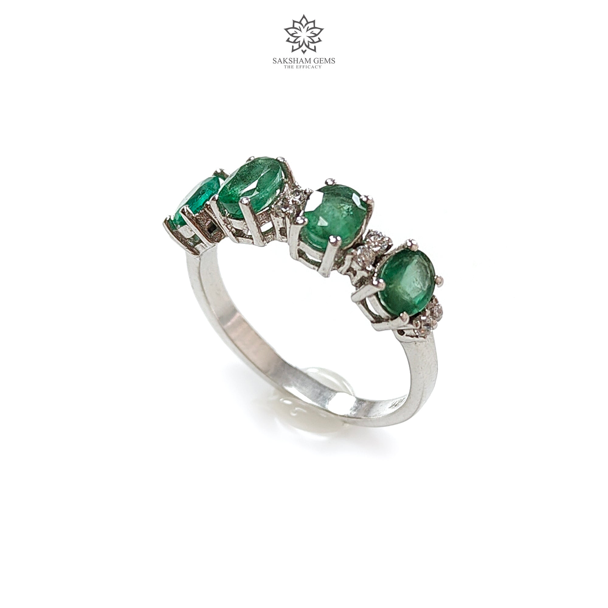 Natural Untreated Emerald Oval Faceted Cut 925 Sterling Silver Ring with CZ Prongs - Size 7.5 US (2.59g) | Elegant Jewelry for Women, Perfect Gift for Anniversary, Birthday & Special Occasions
