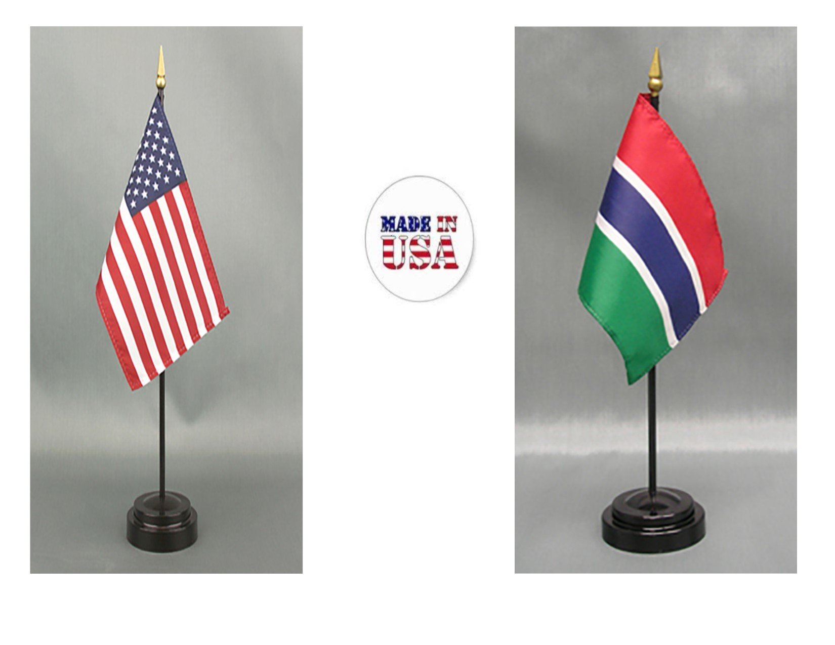 Gambia Desk Flag Set - 4x6 inch American Made Rayon Mini Hand Waving & Office Table Flags with 2 Stands (USA & Gambia Flags) - Perfect for Office Decor, International Events, and Patriotic Displays