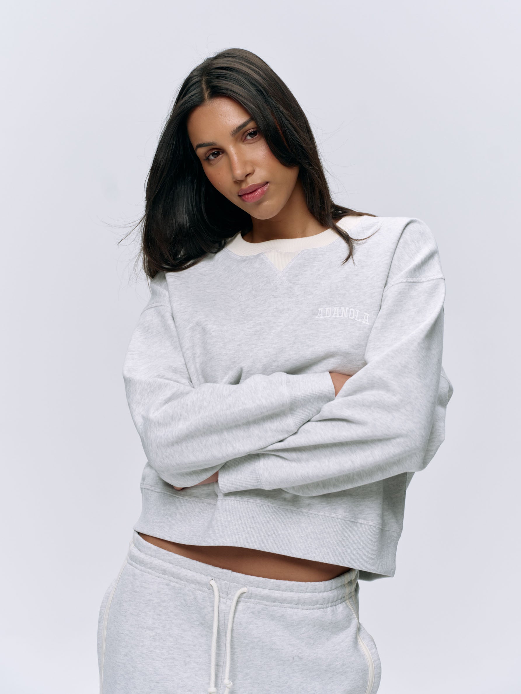 Varsity Loose Fit Sweatshirt - Light Grey Melange & Marshmallow White | Comfortable Casual Pullover for Men & Women | Perfect for College, Gym, and Everyday Wear